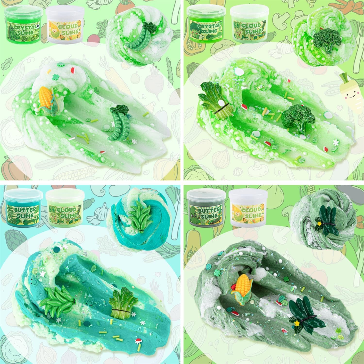 6-Pack Gradient Green Slime Kit | Cloud, Butter & Clear Crystal Slimes | 360 ml Total | Safe, Non-Sticky | Ages 4–12