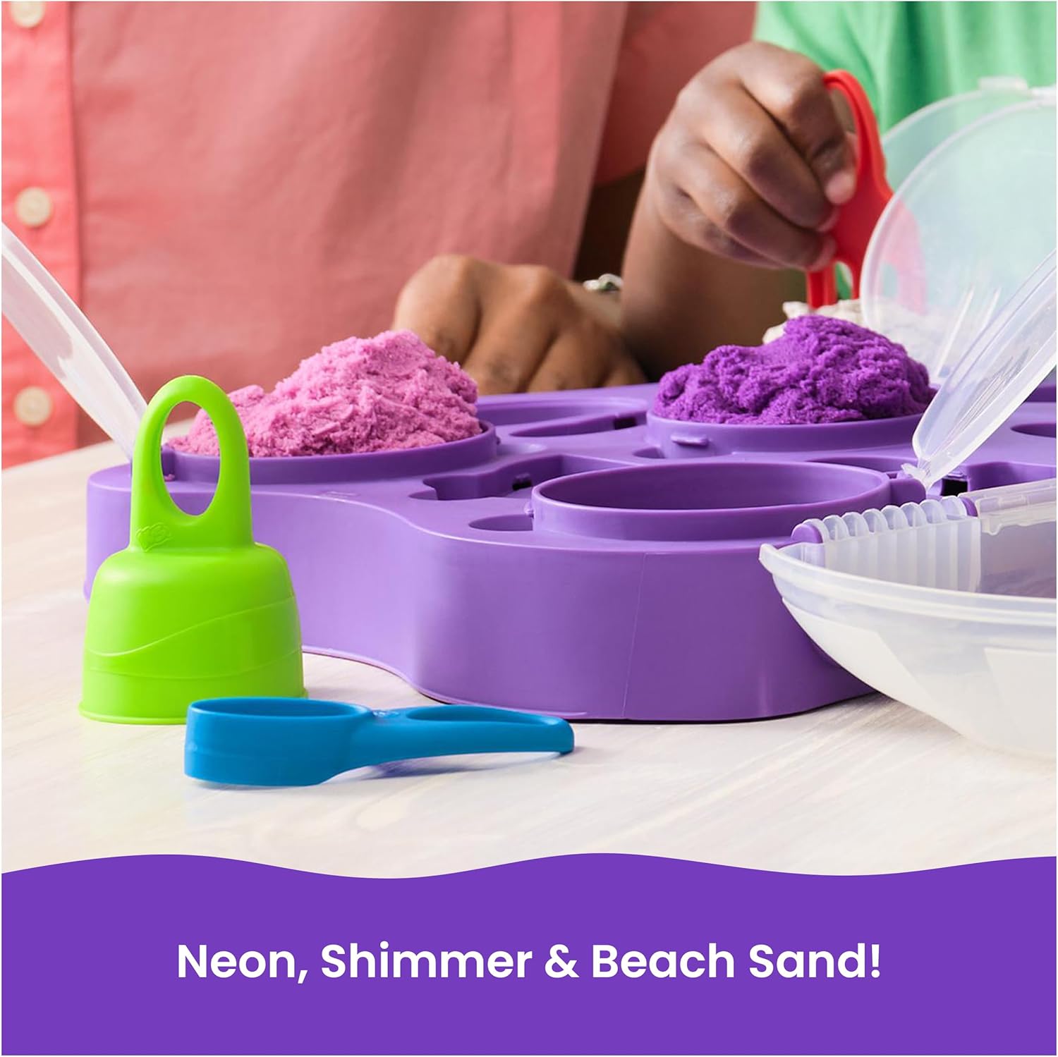 Kinetic Sand, Variety Case with 907g Play Sand (Beach, Neon & Shimmer) & 5 Tools, Reusable Storage