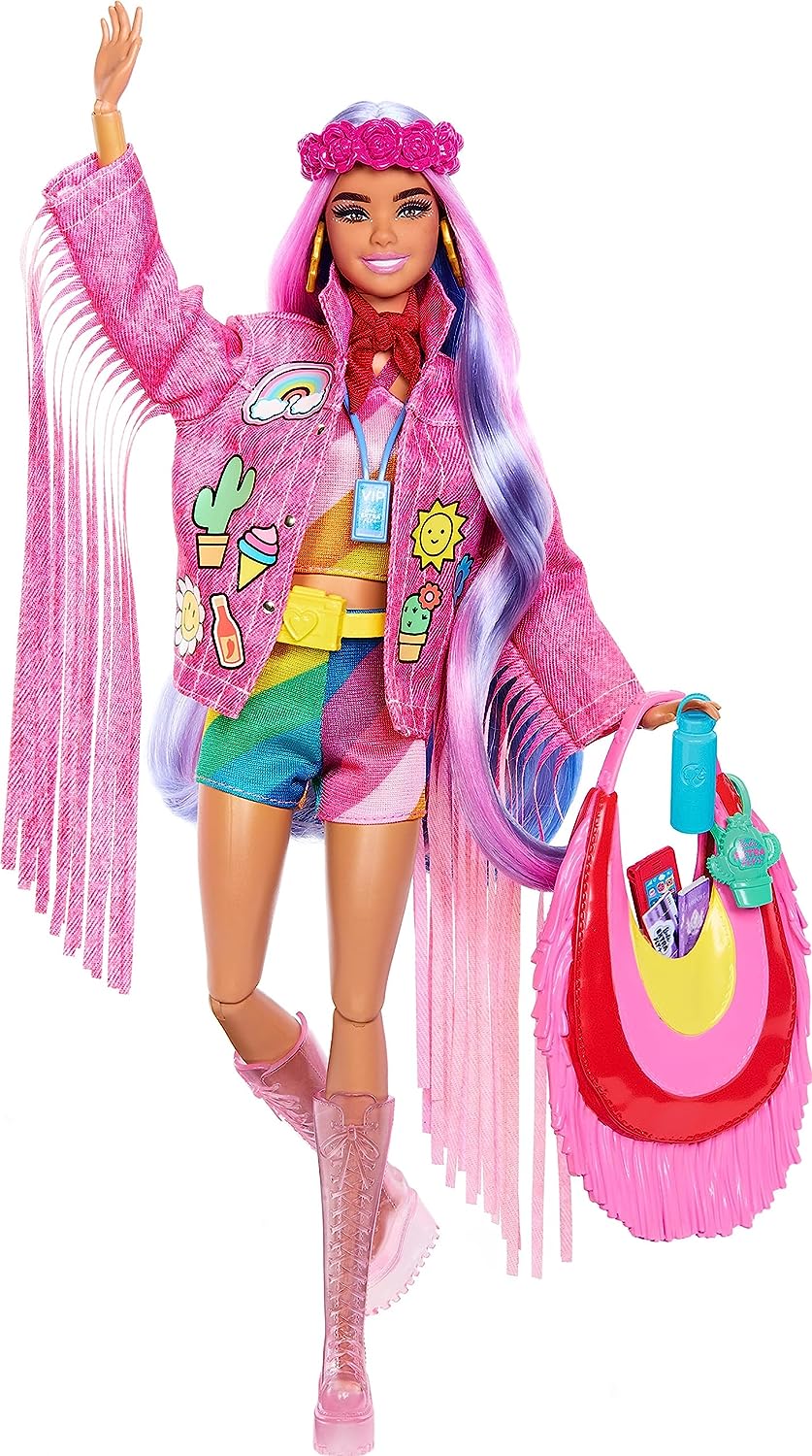 Barbie Extra Fly Doll – Desert Edition with Long Pink and Purple Hair and a Pink Denim Fringe Jacket