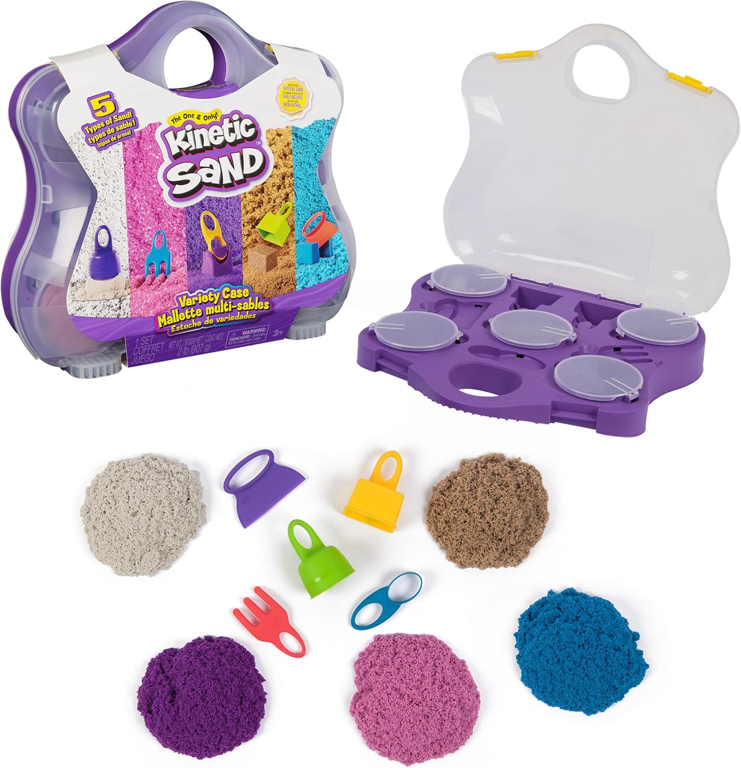 Kinetic Sand, Variety Case with 907g Play Sand (Beach, Neon & Shimmer) & 5 Tools, Reusable Storage