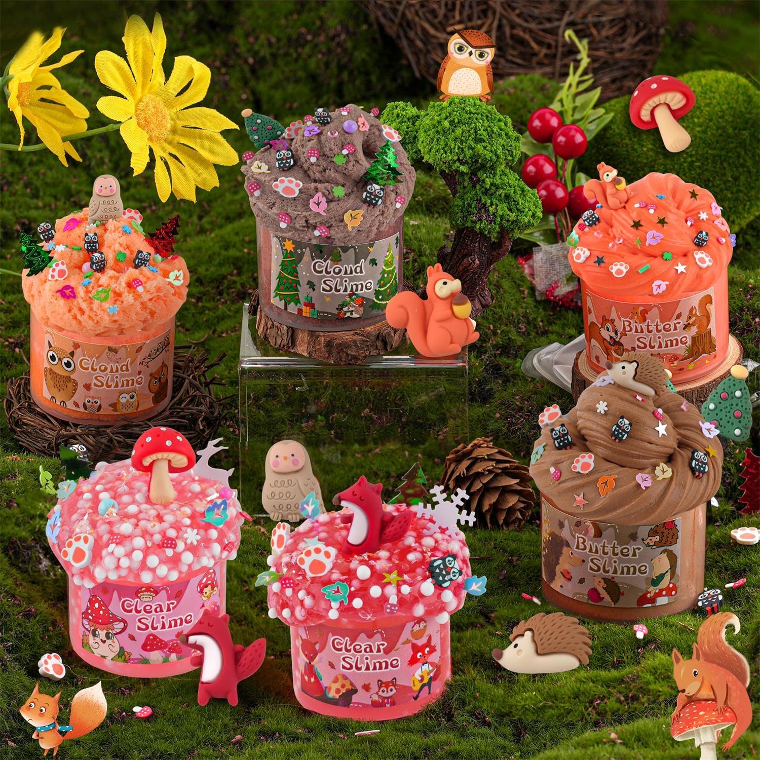 LAWOHO 6-Pack Forest Slime Kit | Butter, Cloud & Clear Slime Textures | 360 ml Total | Forest-Themed Add-Ins | Ages 4+