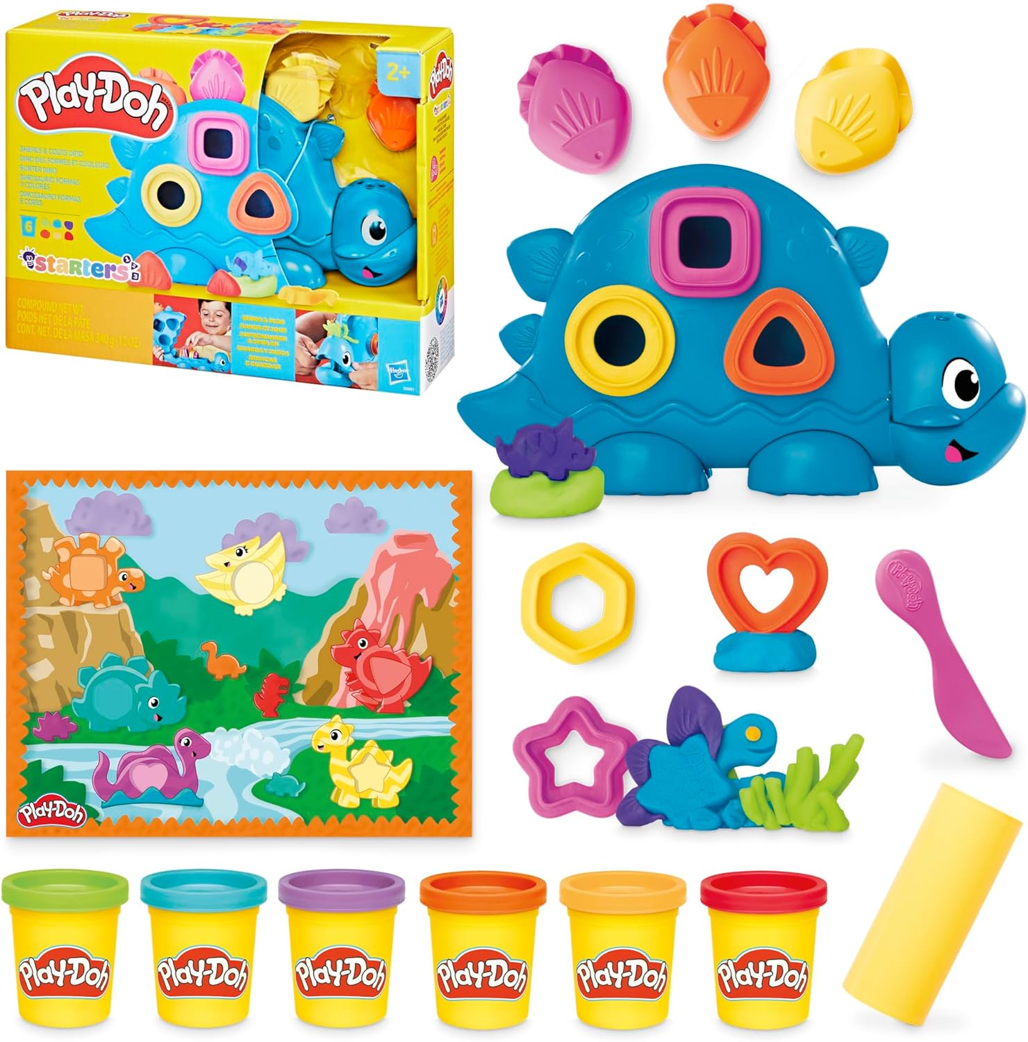 Play-Doh Shapes & Colors Dino Starter-Set | Sensorisches Dinosaurier-Spielset für Kinder ab 2 Jahren | 11 Accessoires und 6 Farben