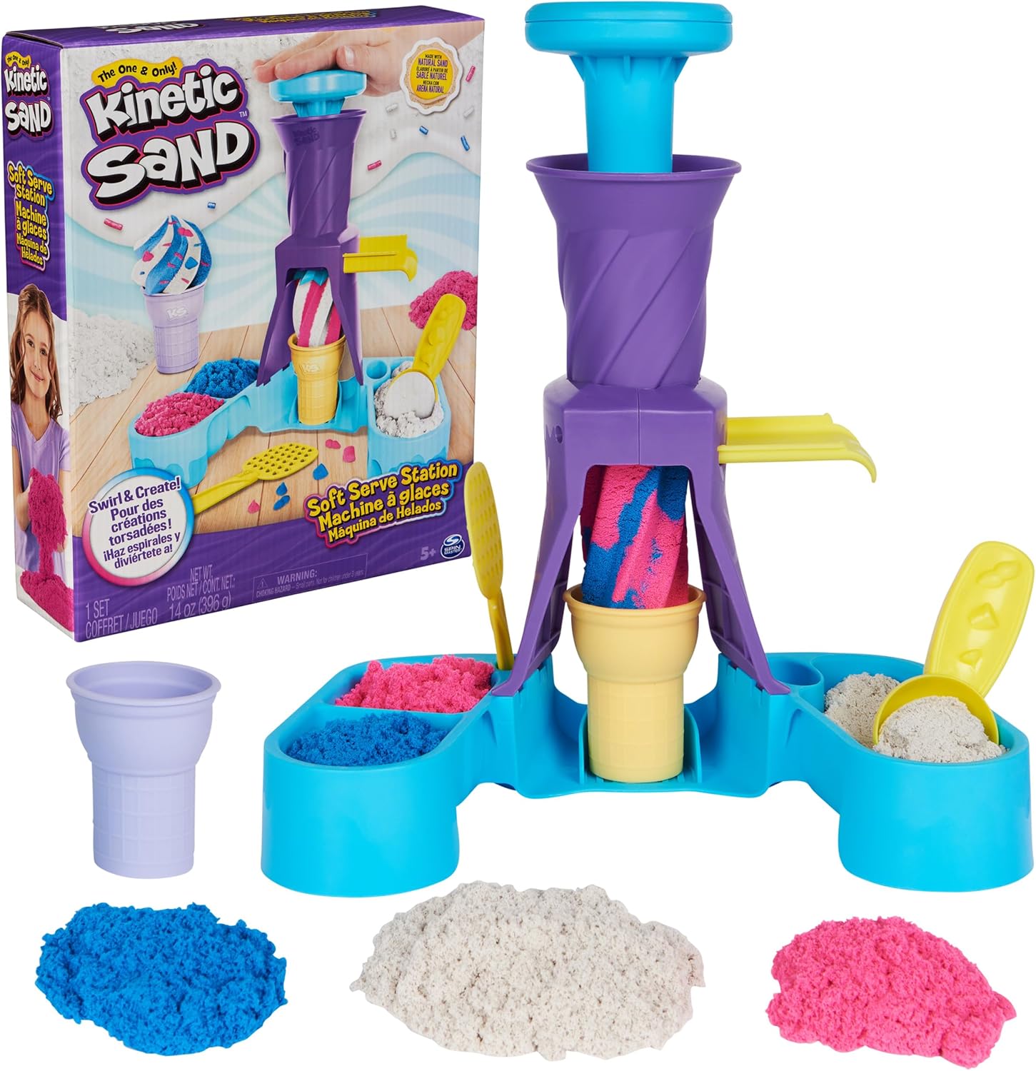 Kinetic Sand, Soft Serve Station with 396 g Play Sand (Blue, Pink & White), 2 Ice Cream Cones & 2 Tools