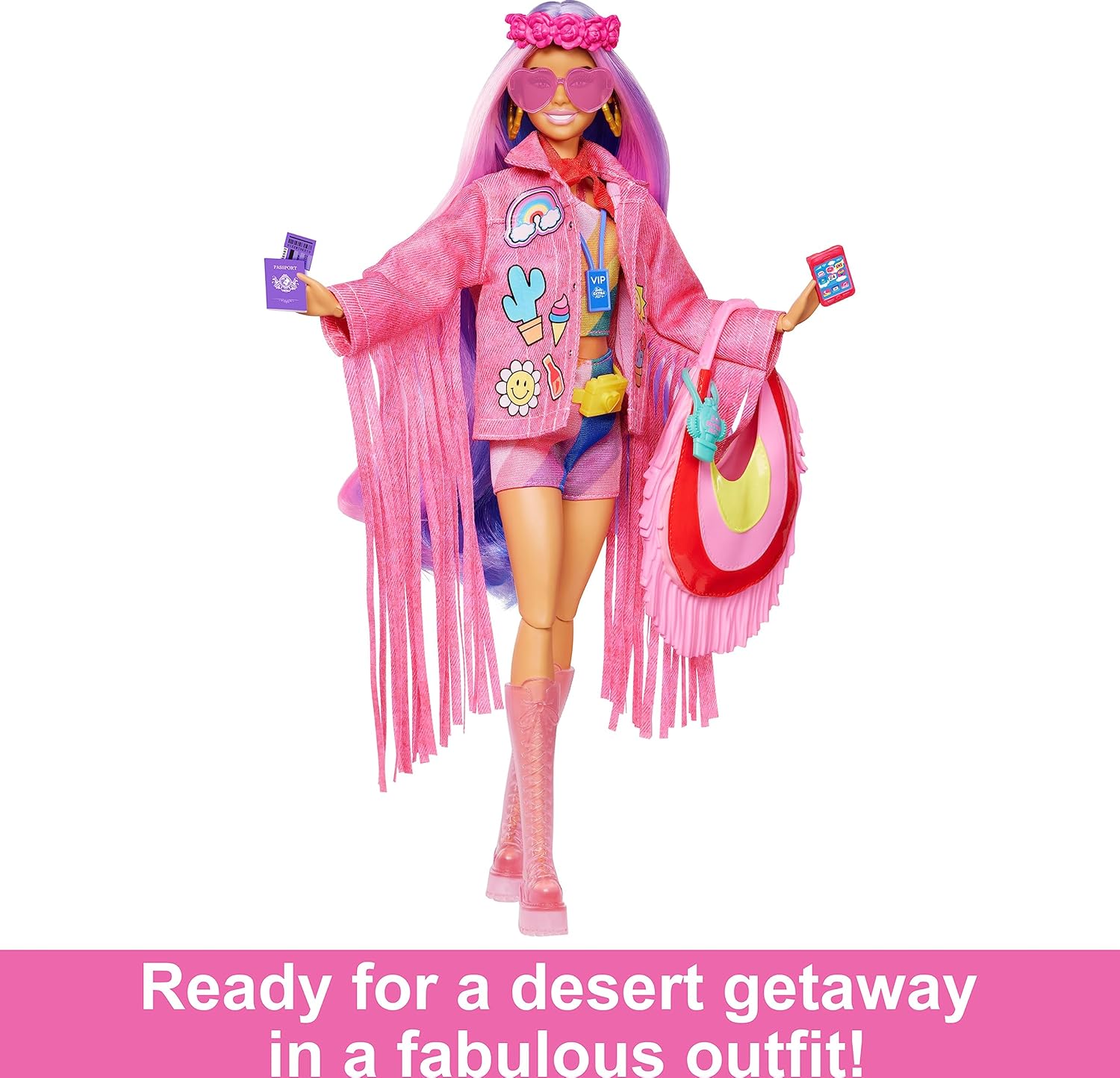 Barbie Extra Fly Doll – Desert Edition with Long Pink and Purple Hair and a Pink Denim Fringe Jacket