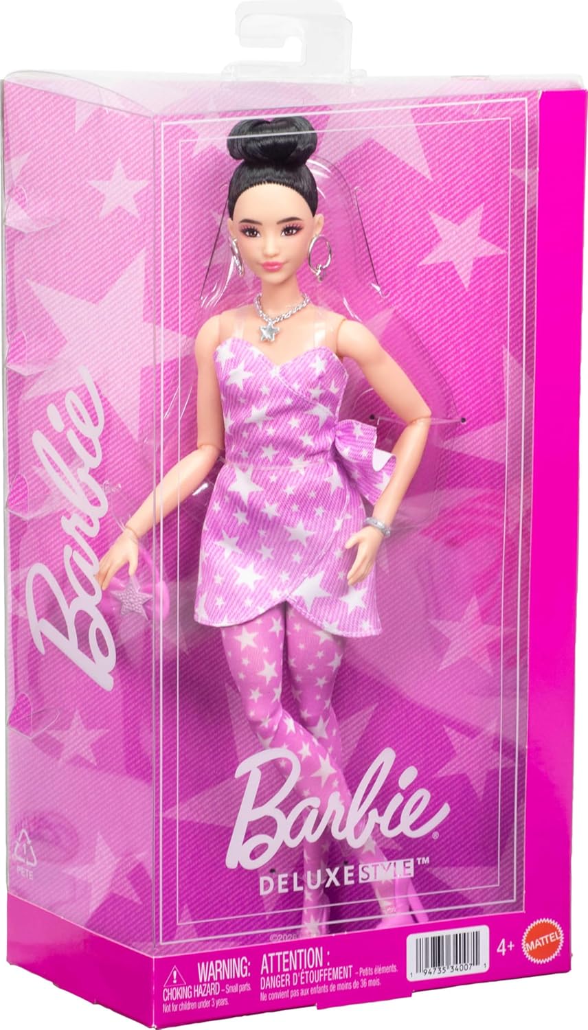 Barbie Deluxe Style Doll in Pink Denim Star-Print Dress with Matching Tights