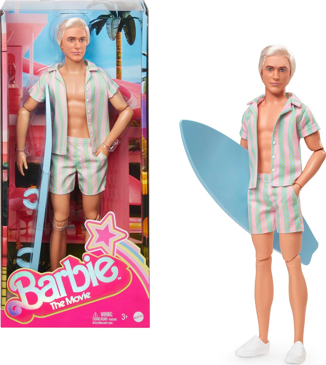 Barbie The Movie Ken Doll in a Pastel Pink and Mint Green Striped Beach Set