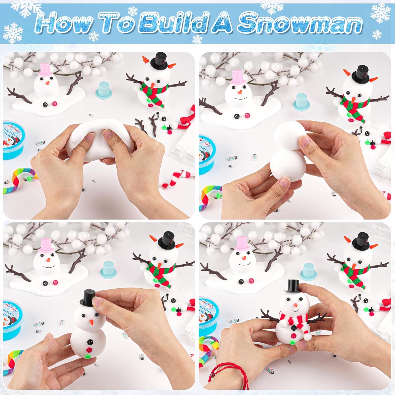 6-Pack Snowman Slime & Clay Christmas Craft Kit | DIY Build-a-Snowman Set | 6 Clear Crystal Slimes & 40 Accessories | Ages 4+