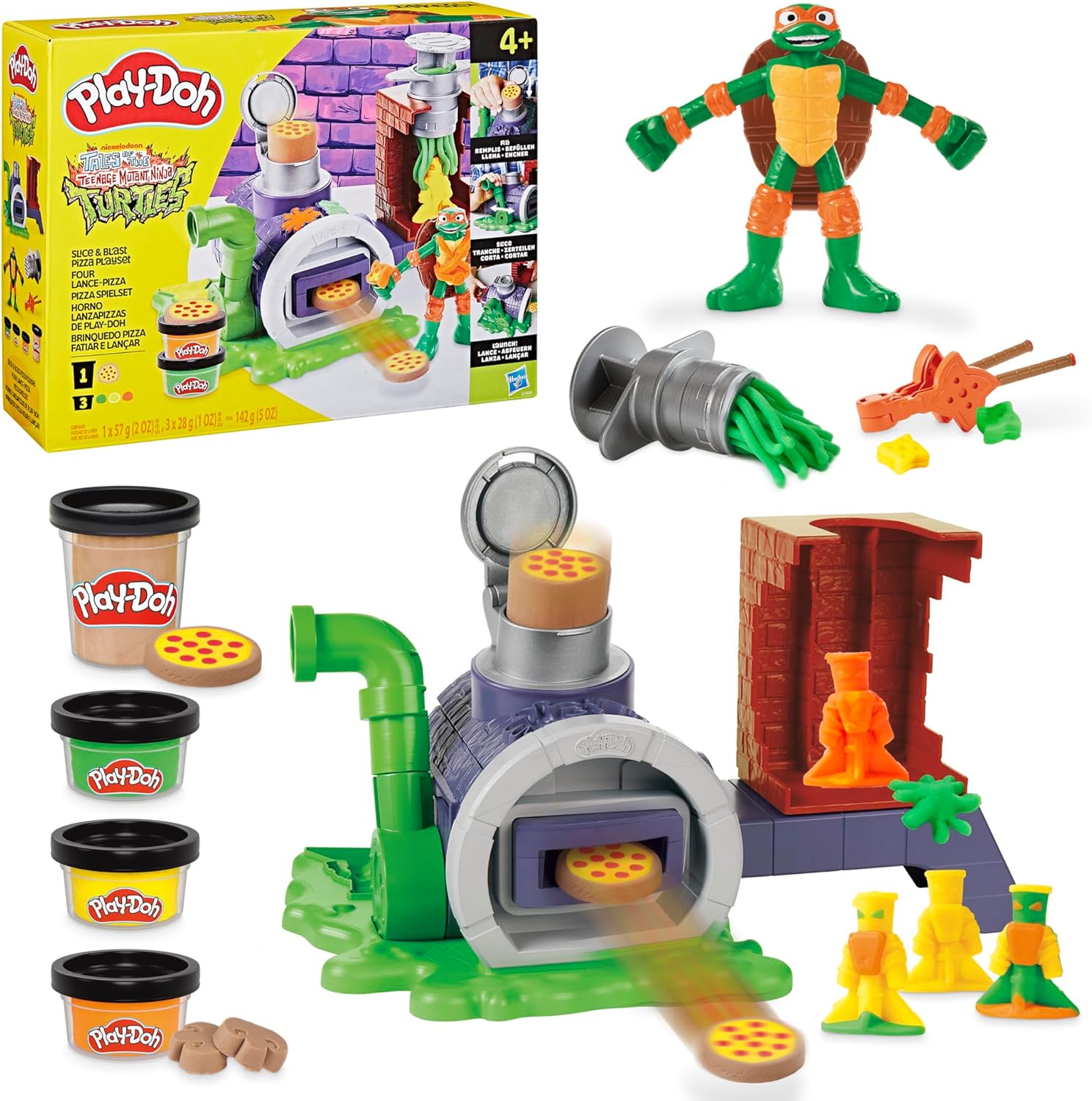 Play-Doh Teenage Mutant Ninja Turtles Slice & Blast Pizza-Spielset | Bendy Michelangelo Figur & Pizza Blaster | Spielzeug für Kinder ab 4 Jahren