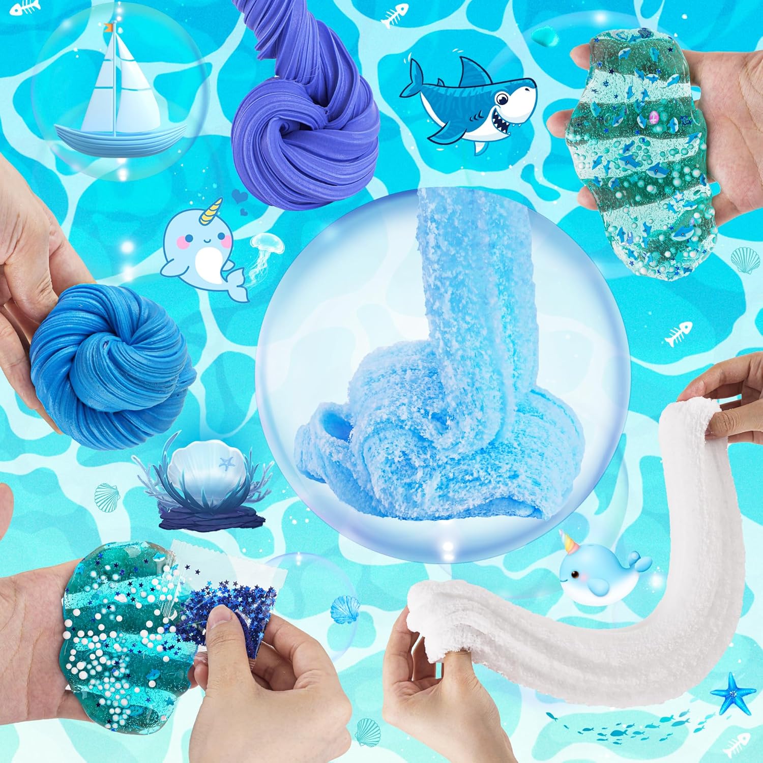 6-Pack Blue Ocean Slime Kit | Butter, Cloud & Clear Crystal Textures | 360 ml Total | Ages 4–12