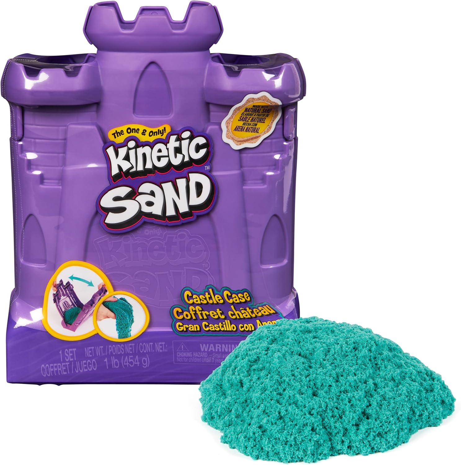 Kinetic Sand, Castle Case 454g with Teal Play Sand, Storage Container