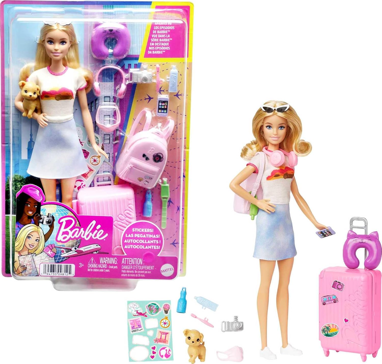Barbie Doll & Accessories, Travel Set with Puppy and 10+ Pieces