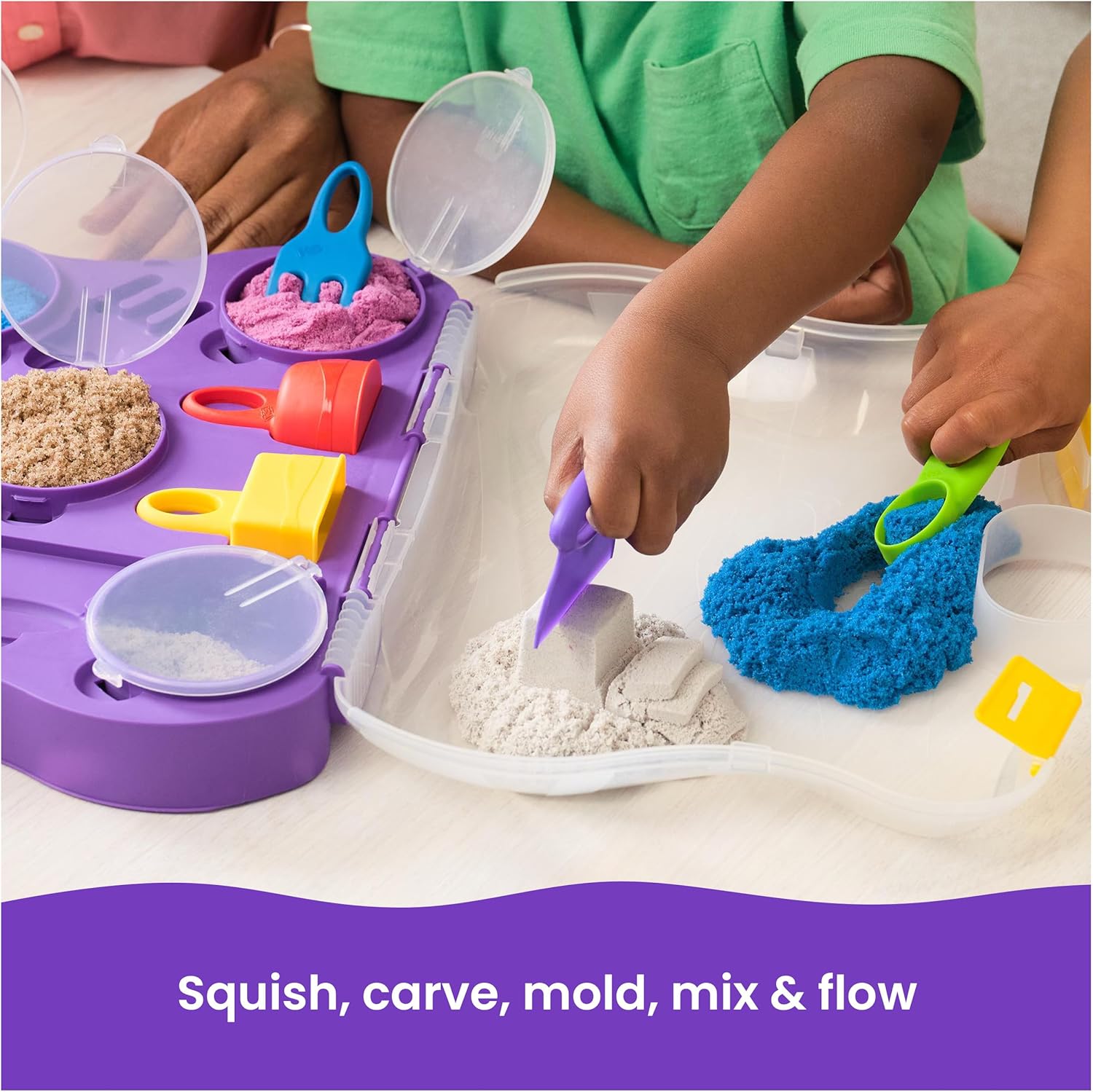 Kinetic Sand, Variety Case with 907g Play Sand (Beach, Neon & Shimmer) & 5 Tools, Reusable Storage