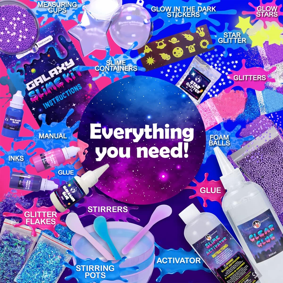 Original Stationery Galaxy Slime Kit | Glow-in-the-Dark DIY Set | Glitter Powders & Stars | Multicolor Craft Box for Girls Ages 8–12