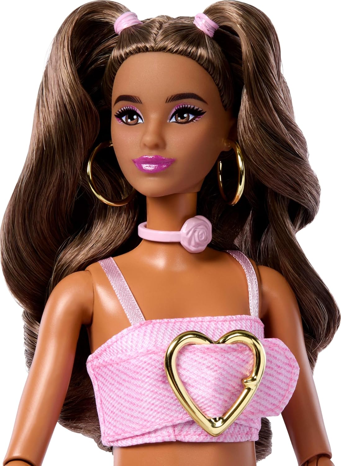 Barbie Deluxe Style Doll in a Pink Denim Crop Top Paired with Rose-Print Flare Jeans