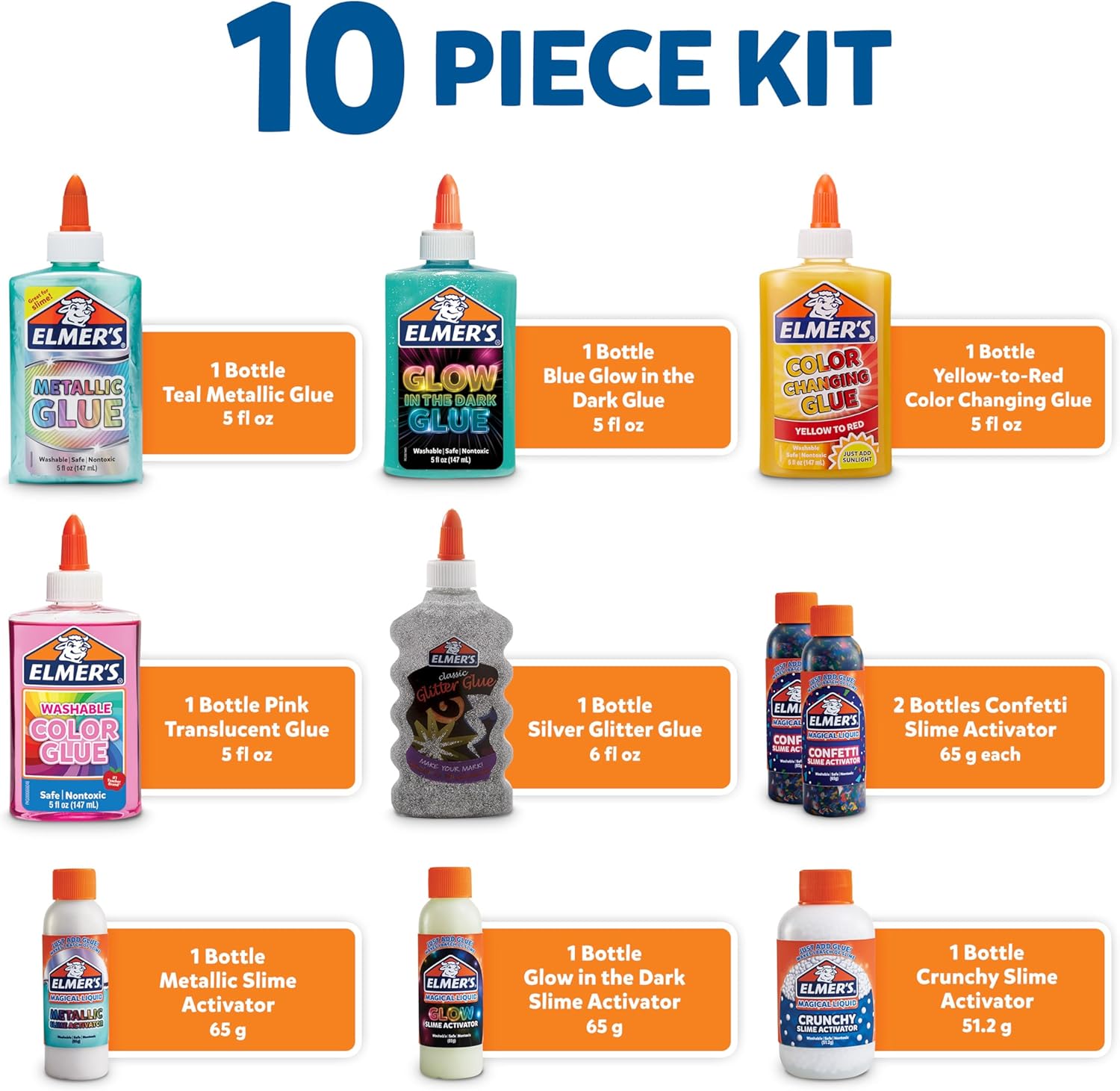 Elmer’s Celebration Slime Kit | 10-Piece Complete Set | Metallic, Glow, Glitter, Color-Changing & Crunchy Effects | Safe, Washable, Non-Toxic | Ages 6+