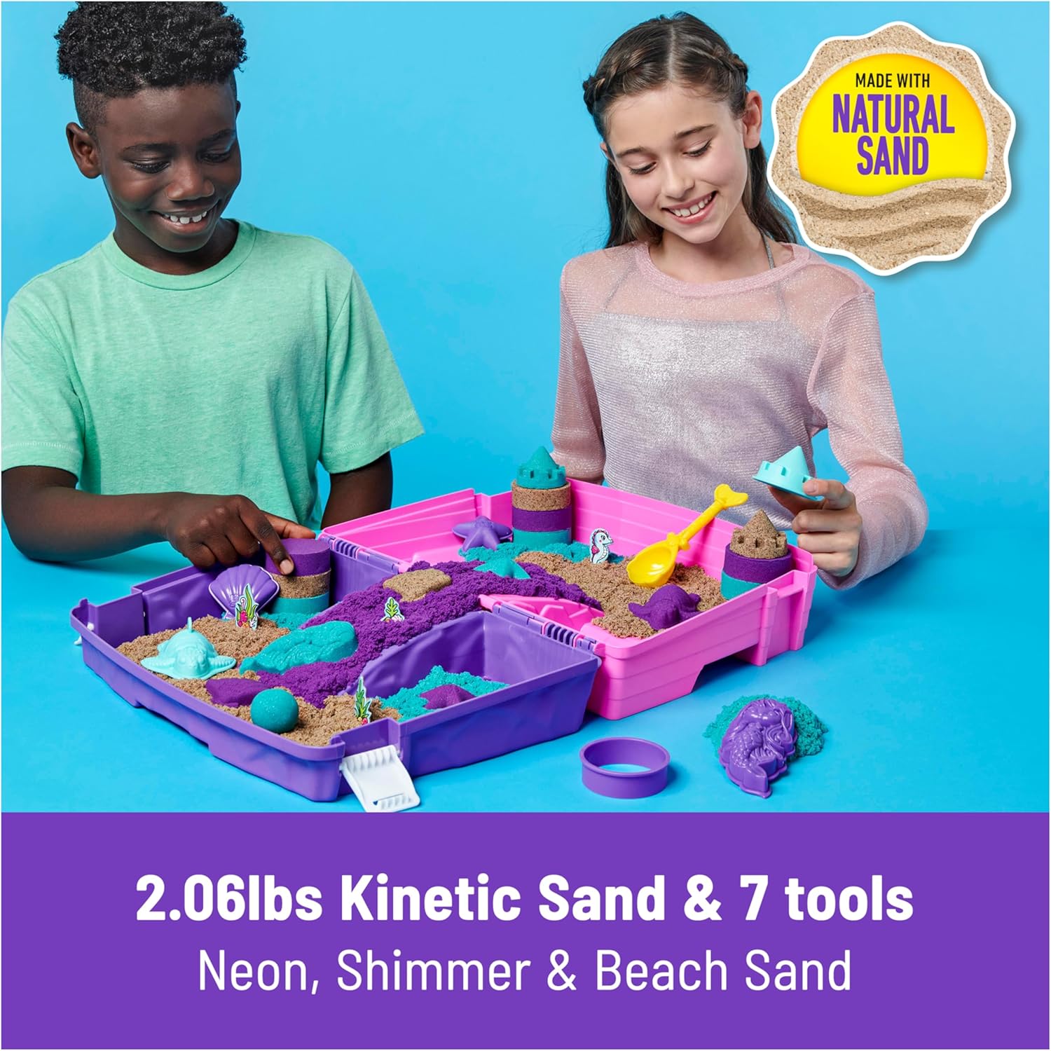Kinetic Sand, Mermaid Palace Playset with 934g Play Sand (Neon Purple, Shimmer Teal & Beach), Tools & Folding Sandbox