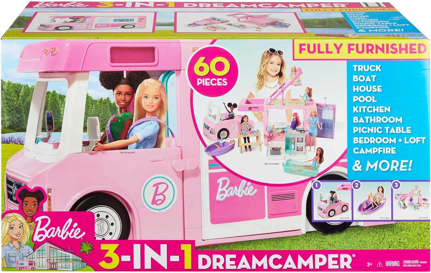 Barbie 3-in-1 DreamCamper + Barbie “It Takes Two” Malibu Camping Playset Bundle | Outdoor Adventure Gift Set | Ages 3+