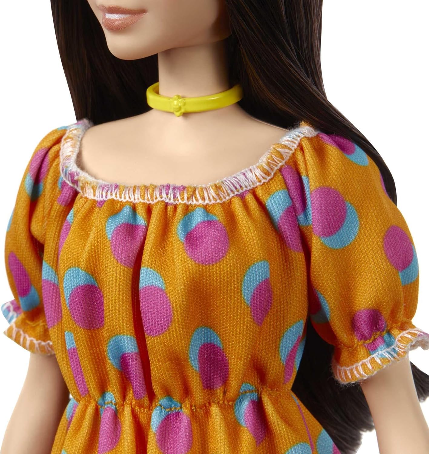 Barbie Fashionistas Doll with Long Brunette Hair Wearing Patterned Orange Dress, White Shoes & Yellow Choker
