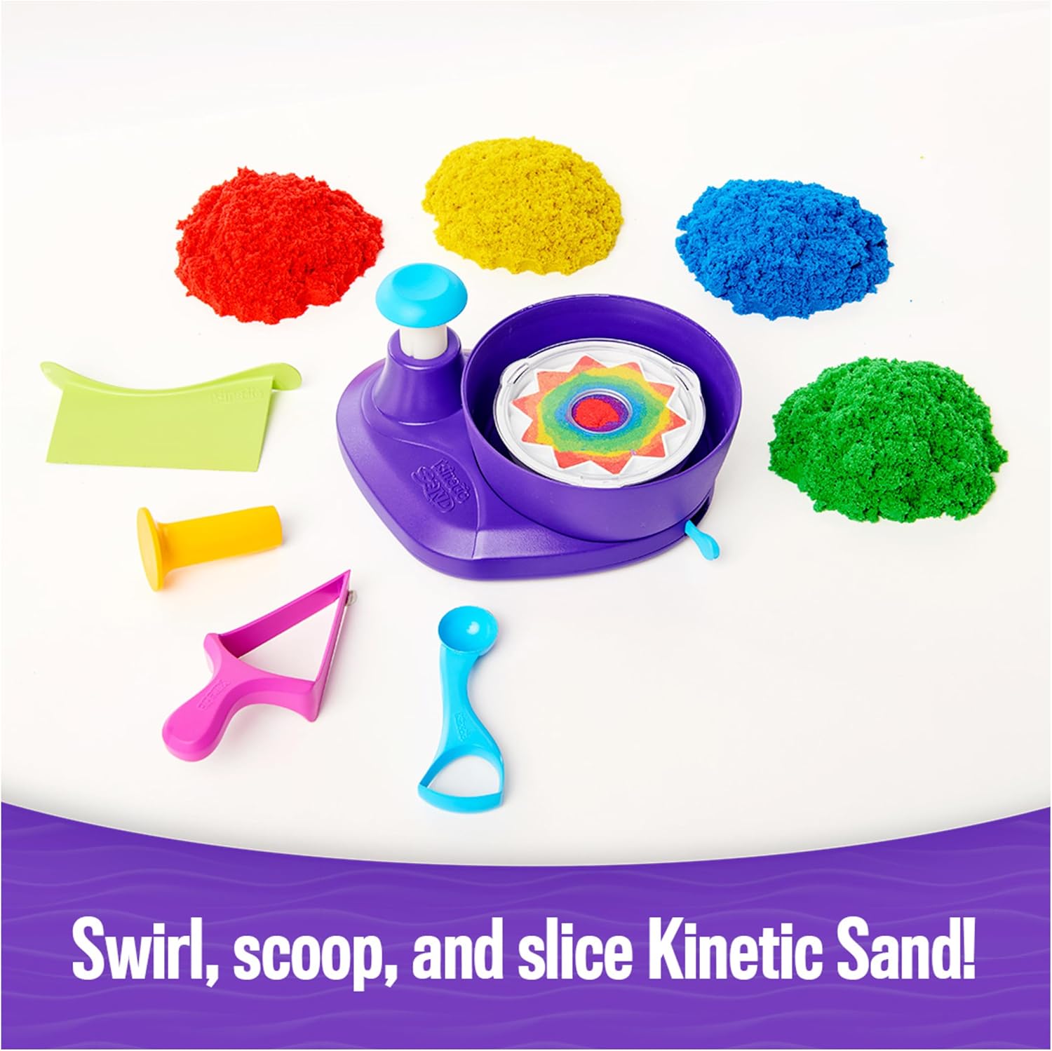 Kinetic Sand, Swirl N’ Surprise Playset with 907g of Play Sand, Including Red, Blue, Green, Yellow and 4 Tools
