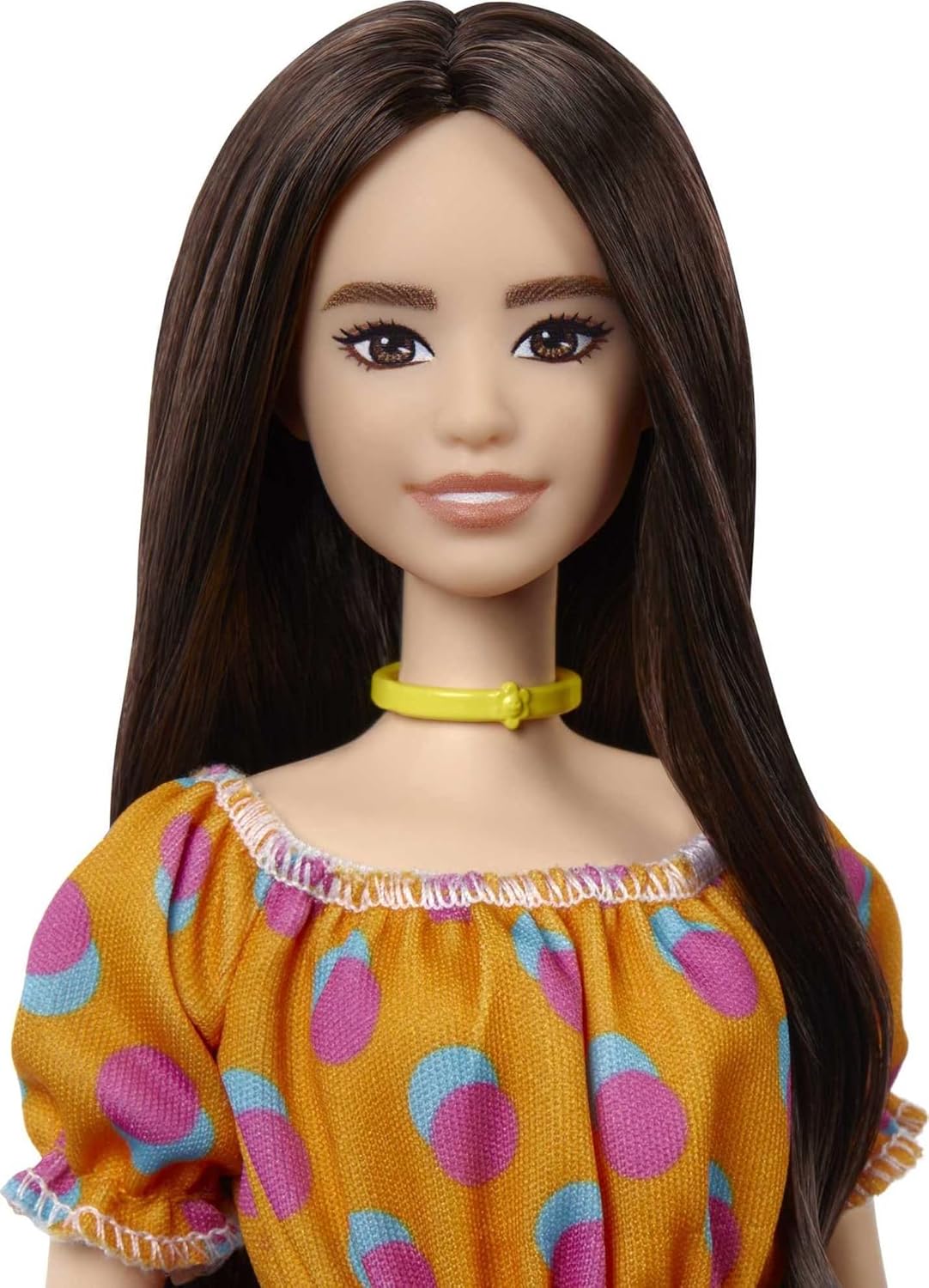 Barbie Fashionistas Doll with Long Brunette Hair Wearing Patterned Orange Dress, White Shoes & Yellow Choker