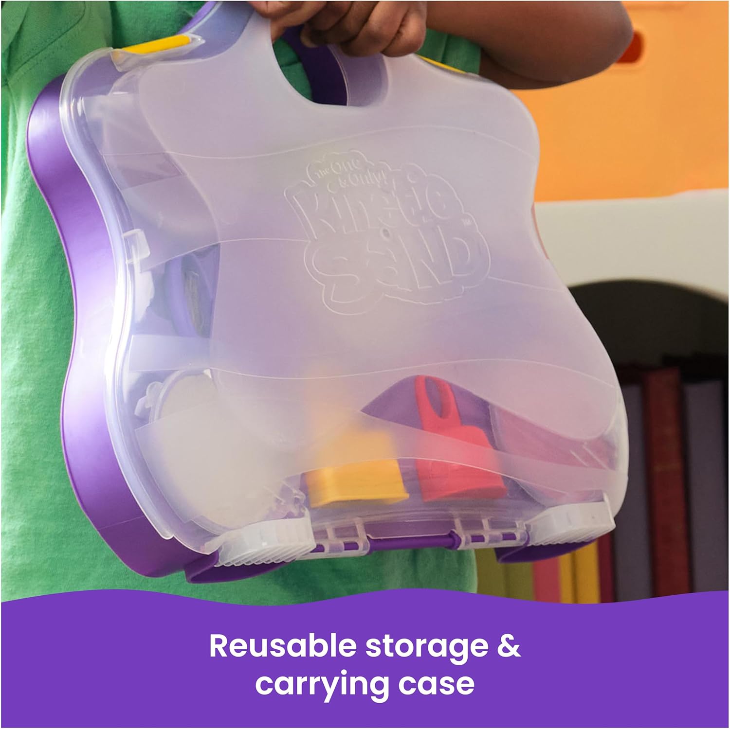 Kinetic Sand, Variety Case with 907g Play Sand (Beach, Neon & Shimmer) & 5 Tools, Reusable Storage