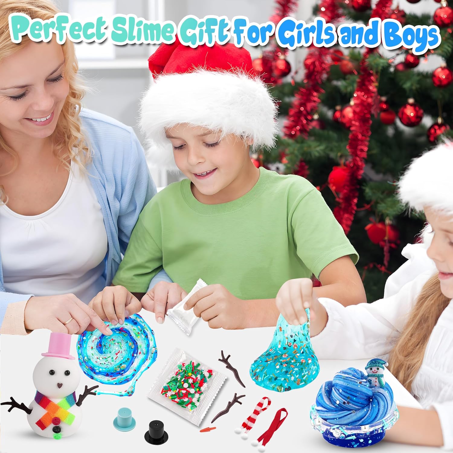 6-Pack Snowman Slime & Clay Christmas Craft Kit | DIY Build-a-Snowman Set | 6 Clear Crystal Slimes & 40 Accessories | Ages 4+
