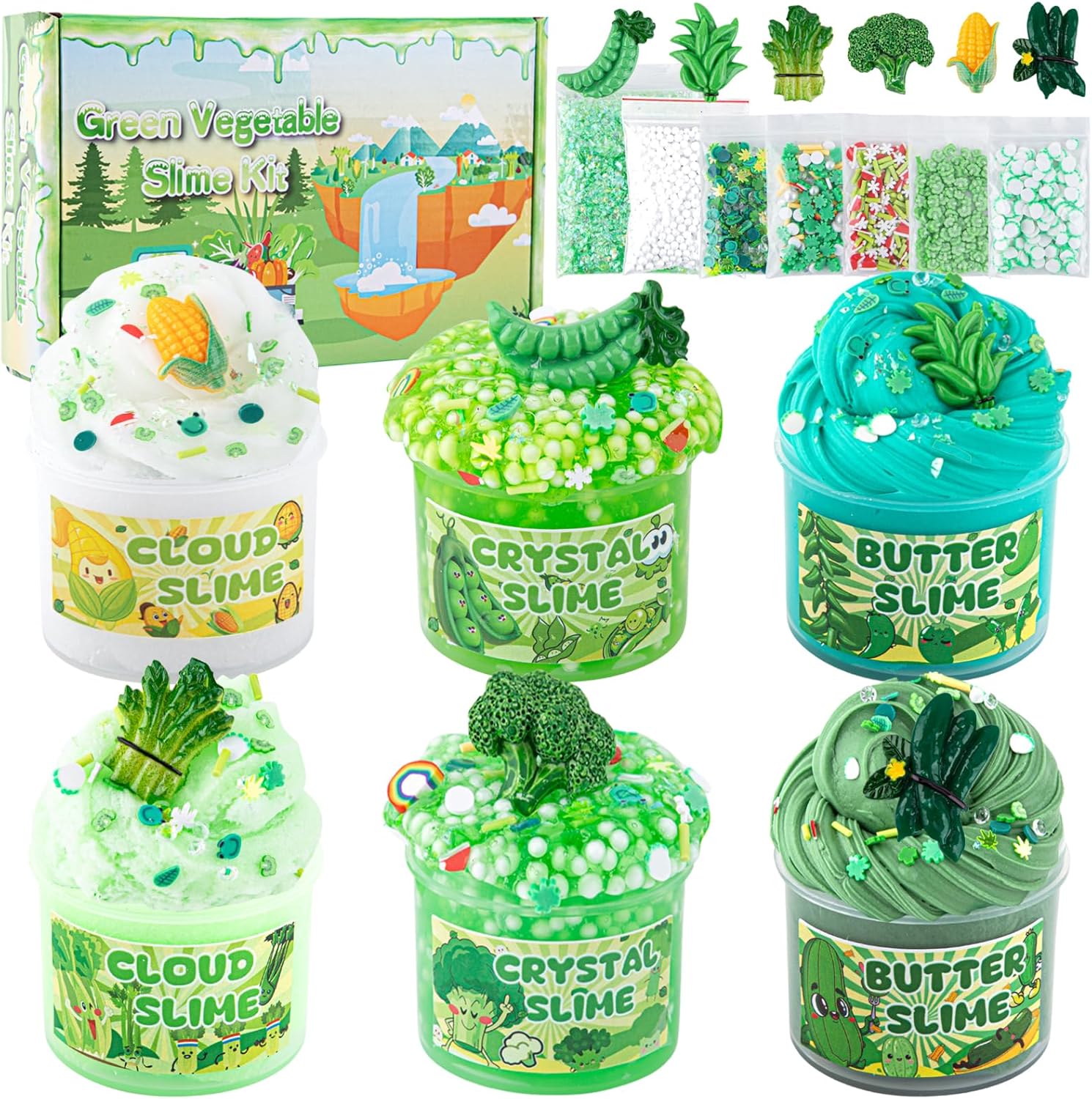 6-Pack Gradient Green Slime Kit | Cloud, Butter & Clear Crystal Slimes | 360 ml Total | Safe, Non-Sticky | Ages 4–12