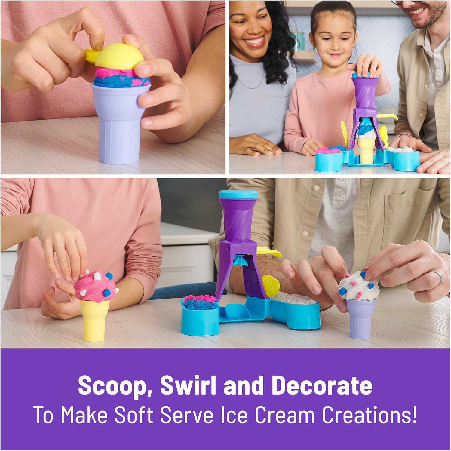 Kinetic Sand, Soft Serve Station with 396 g Play Sand (Blue, Pink & White), 2 Ice Cream Cones & 2 Tools