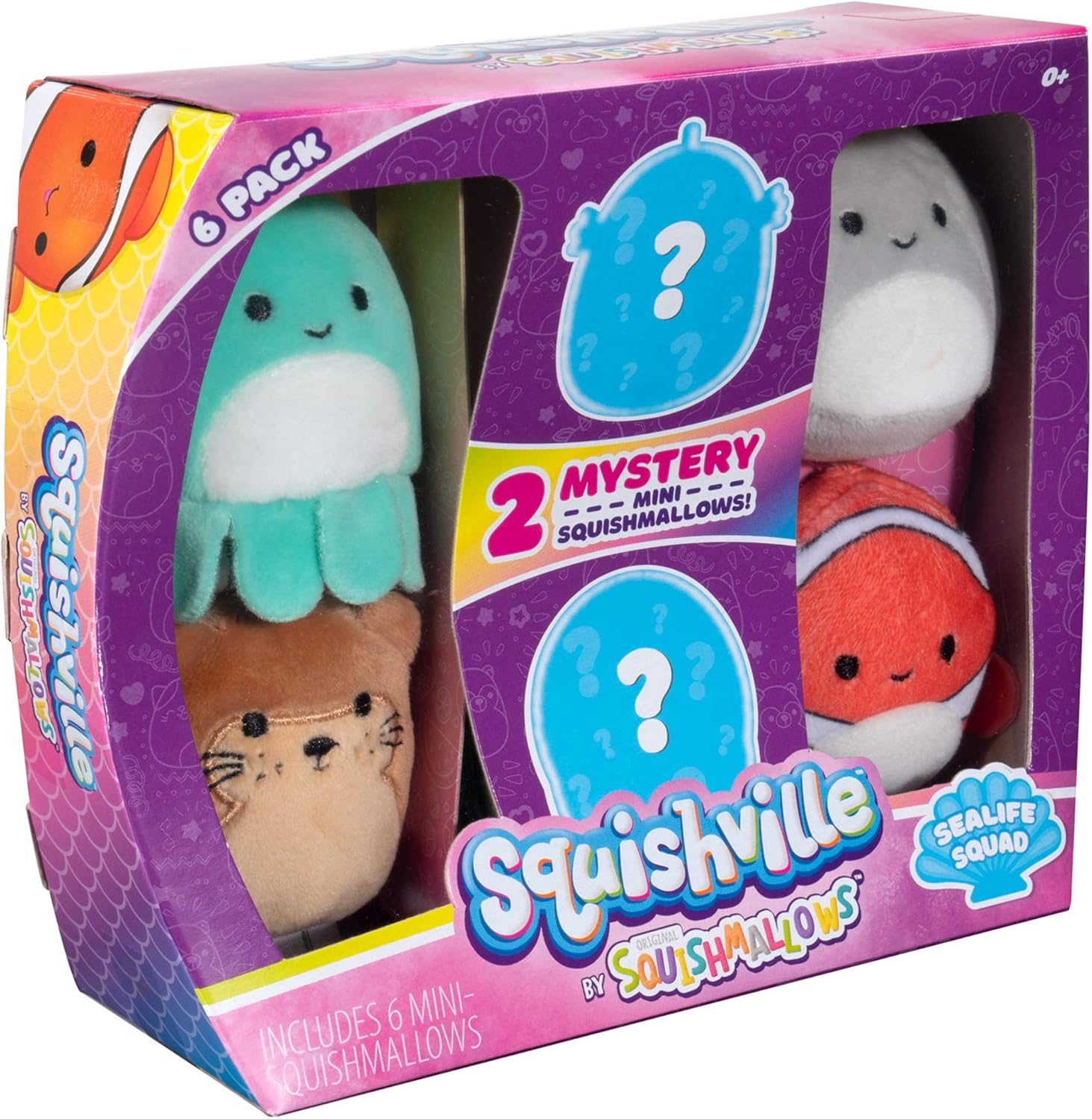 Squishmallows Micromallows Sealife Squad, Six 2” Sea Animals, Irresistebly soft Colorful Plush, Mini Shark, Otter, and Seahorse