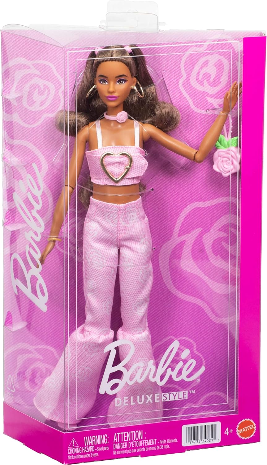 Barbie Deluxe Style Doll in a Pink Denim Crop Top Paired with Rose-Print Flare Jeans