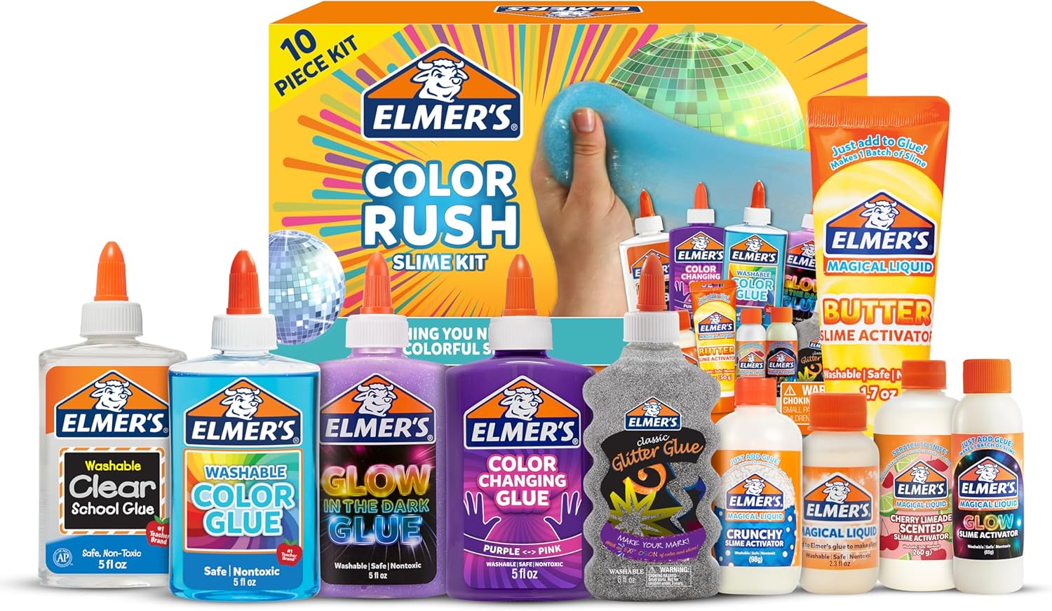 Elmer’s Color Rush 10-Piece Slime Kit | Mix, Match & Create Color-Changing, Glow, Crunchy & Butter Slimes | Non-Toxic | Ages 6+