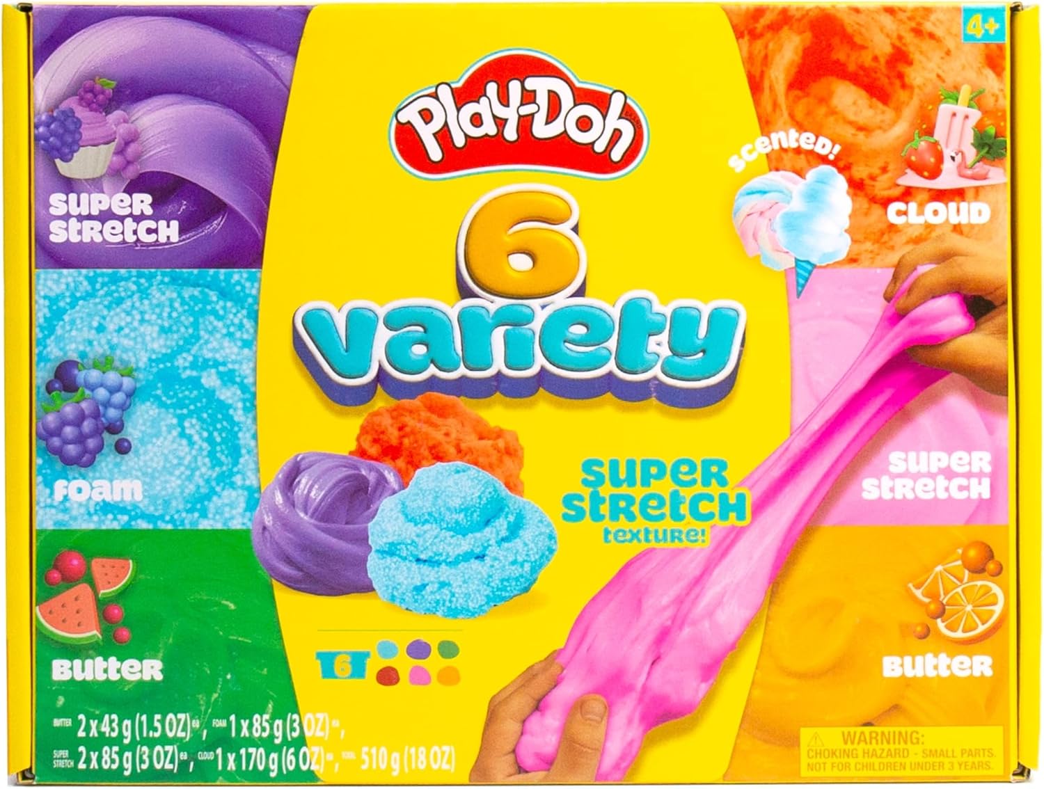Play-Doh 6 verschiedene Mischungen-Paket | Super Stretch, Schaum, Butter und Wolke | Duftendes Sinnesspielzeug für Kinder ab 3 Jahren