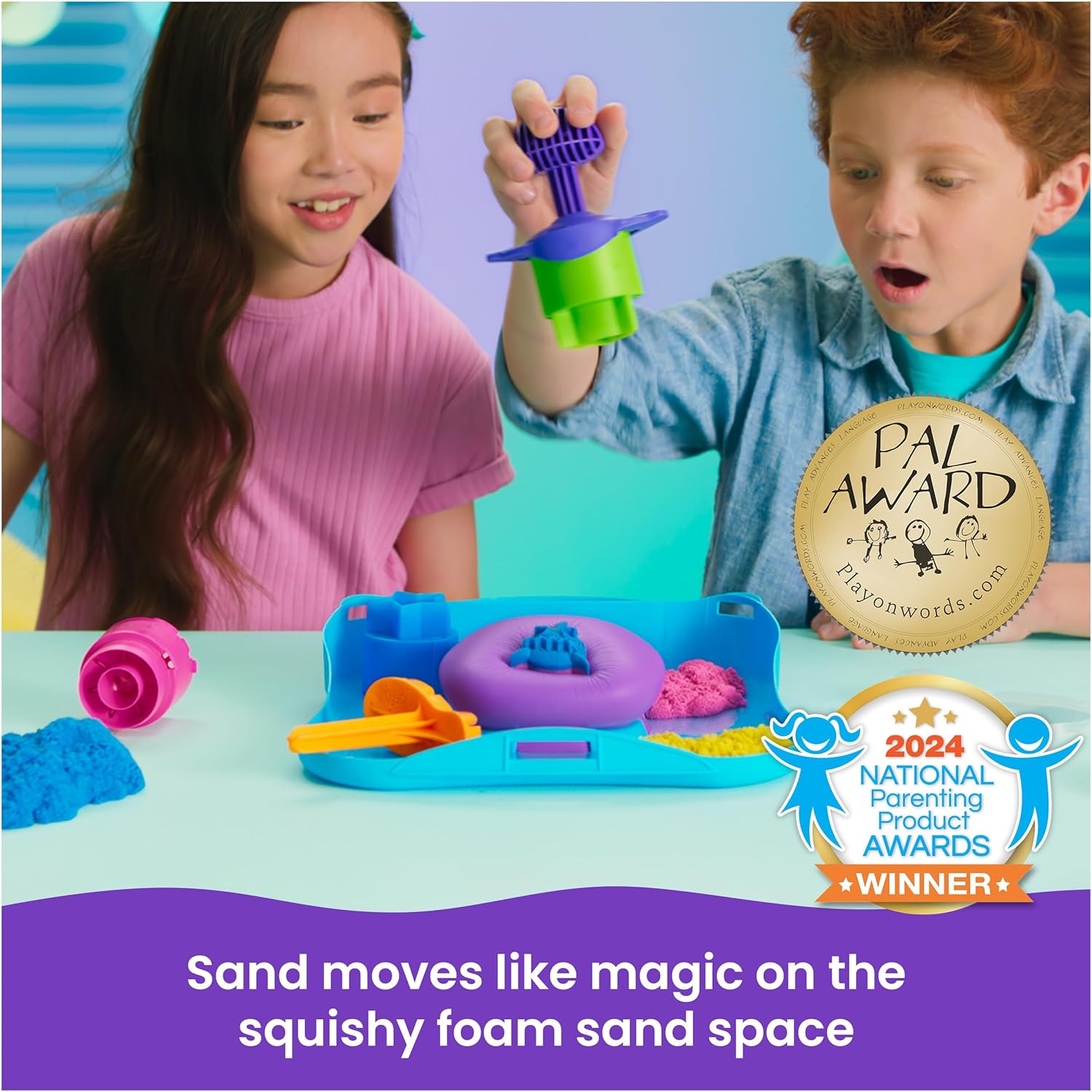Kinetic Sand, SquishMotion with 454g Pink, Yellow & Blue Play Sand, Stamper & 5 Tools, Storage Case