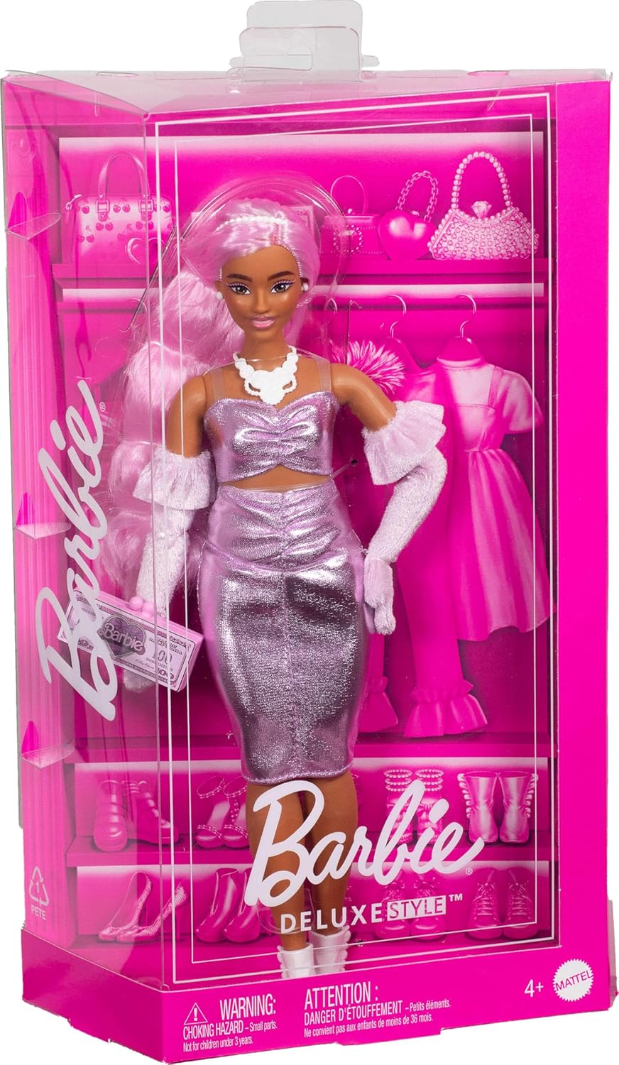 Barbie Deluxe Style Doll in a Glossy Pink Midi Dress