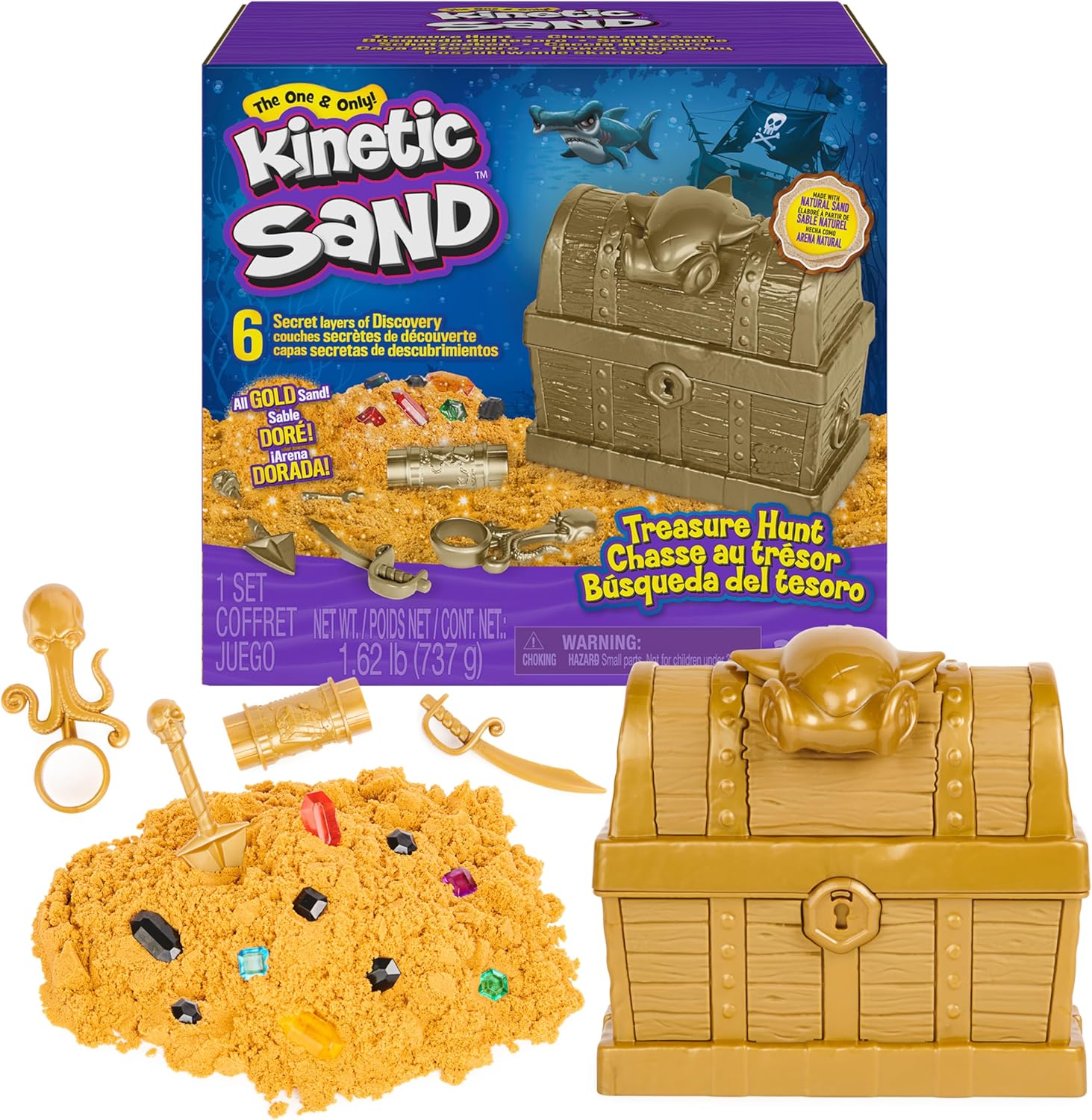 Kinetic Sand, Treasure Hunt with 14 Surprise Reveals & 737 g rare Shimmer Gold Play Sand