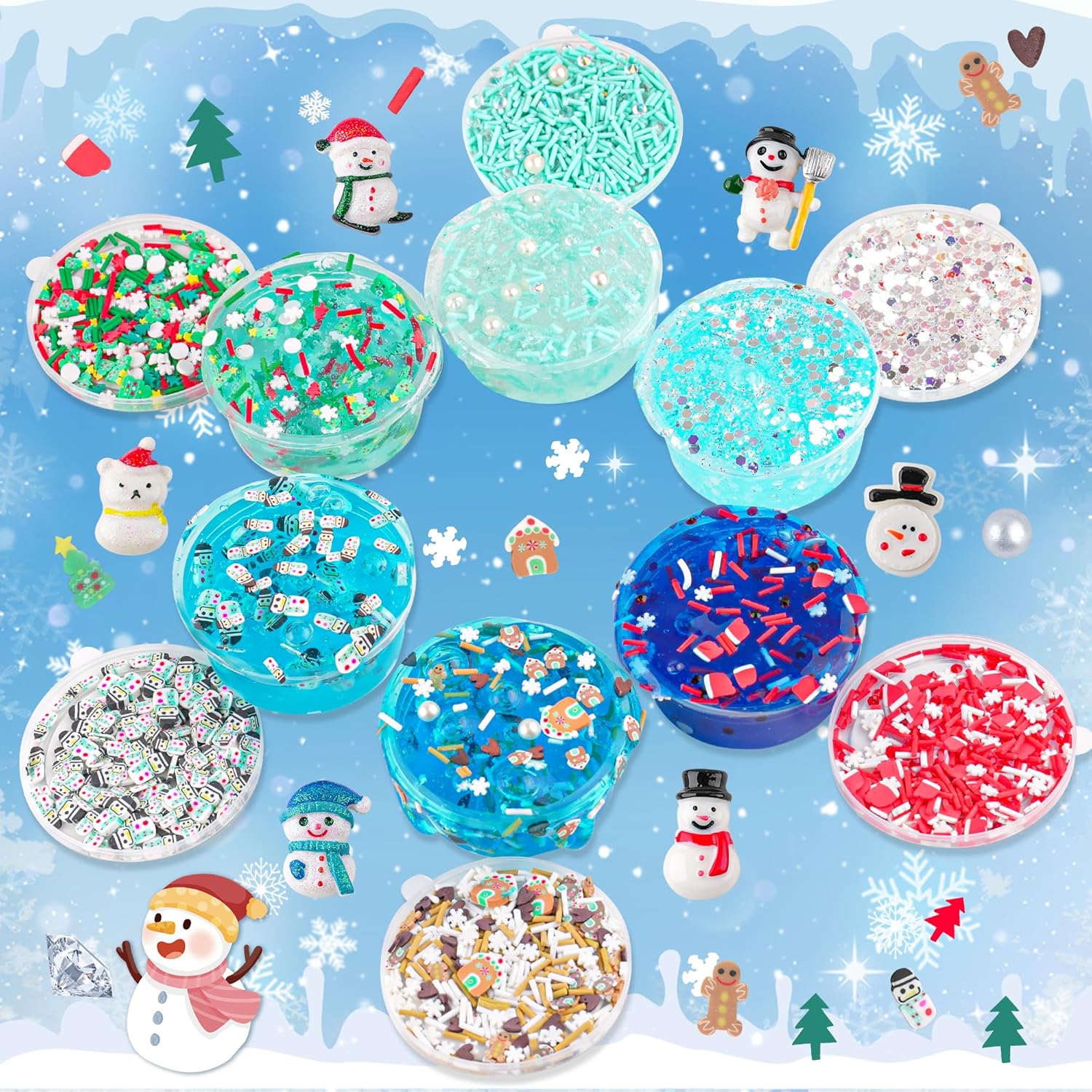 6-Pack Snowman Slime & Clay Christmas Craft Kit | DIY Build-a-Snowman Set | 6 Clear Crystal Slimes & 40 Accessories | Ages 4+