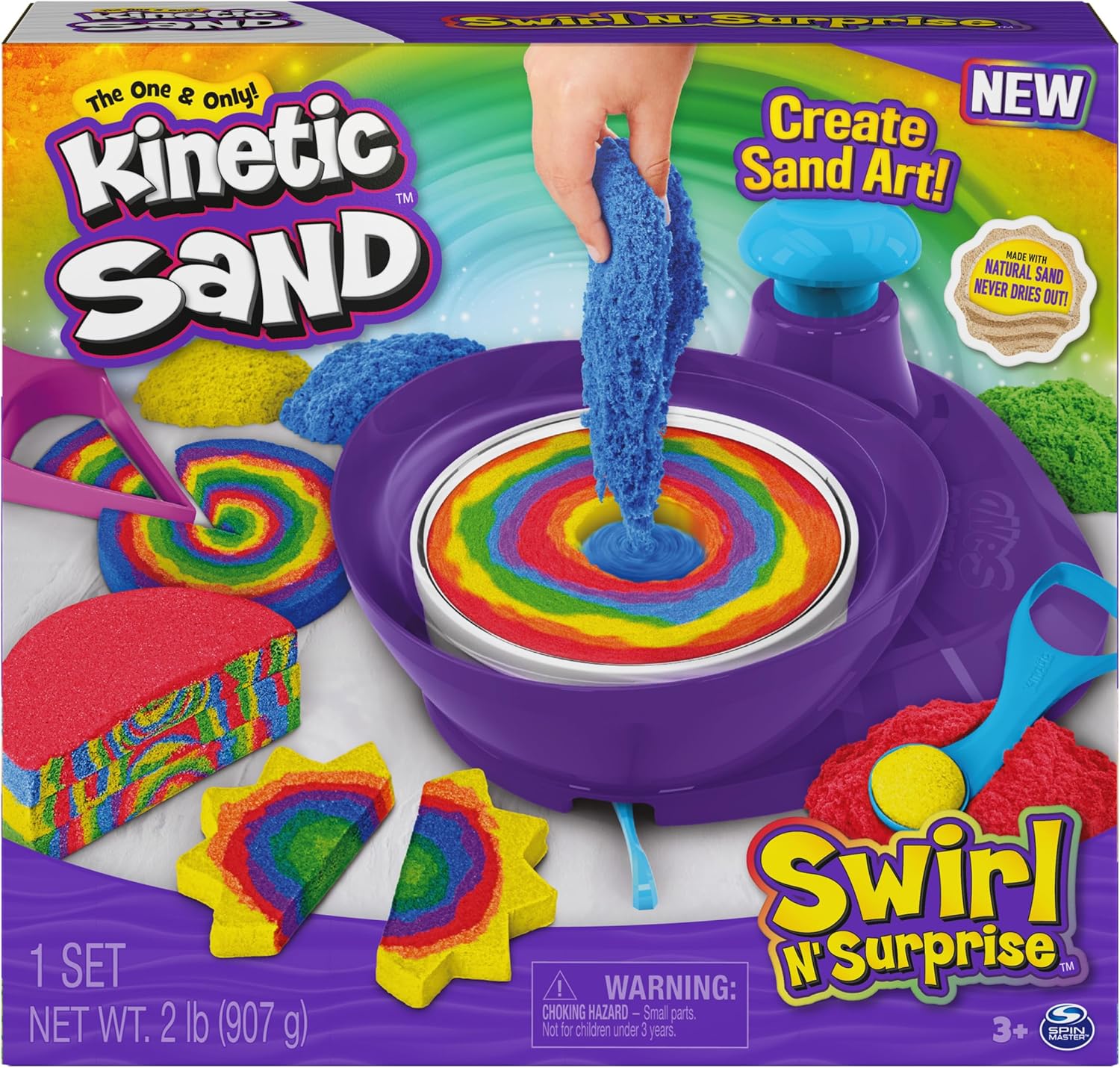Kinetic Sand, Swirl N’ Surprise Playset with 907g of Play Sand, Including Red, Blue, Green, Yellow and 4 Tools