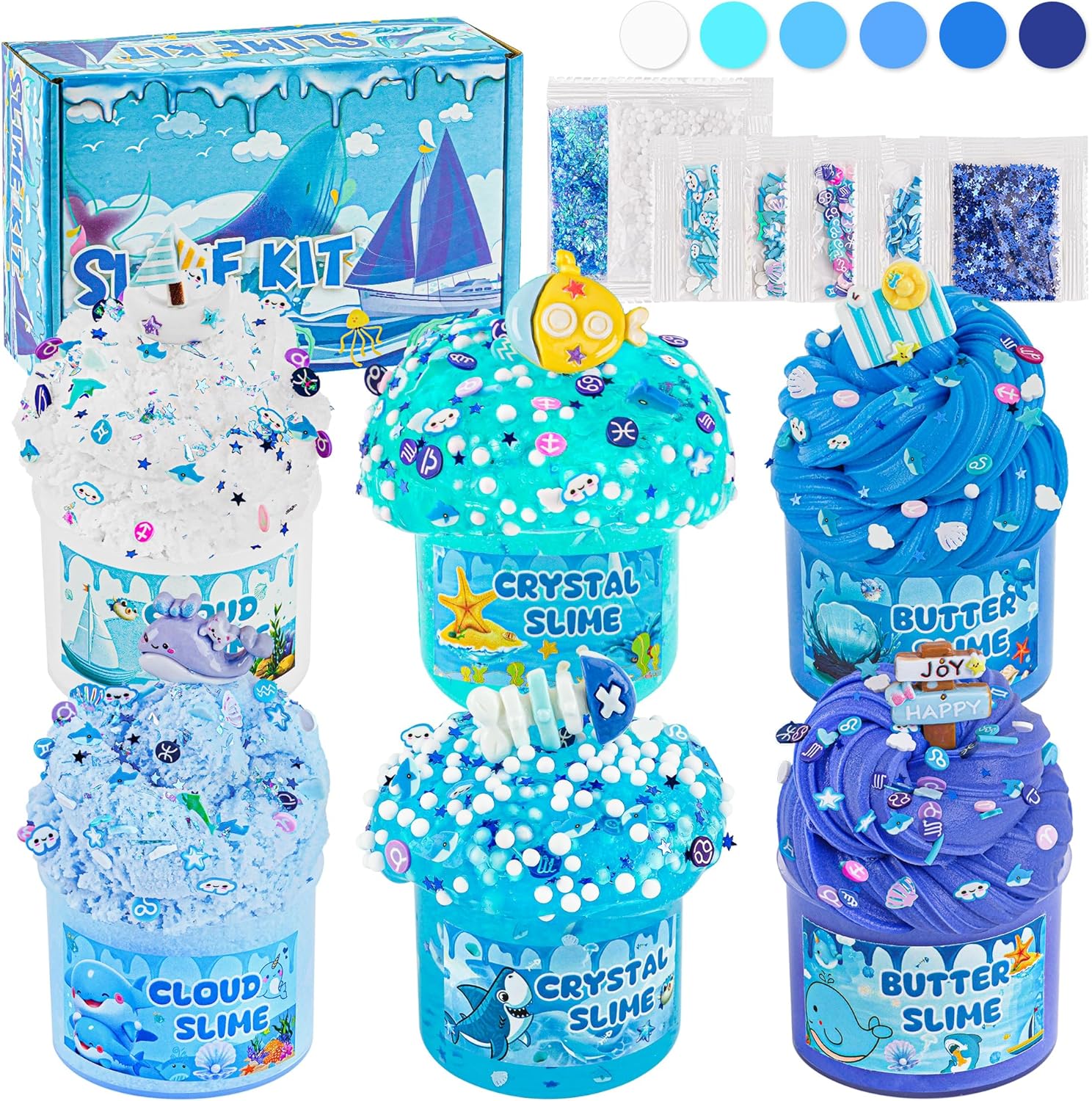 6-Pack Blue Ocean Slime Kit | Butter, Cloud & Clear Crystal Textures | 360 ml Total | Ages 4–12