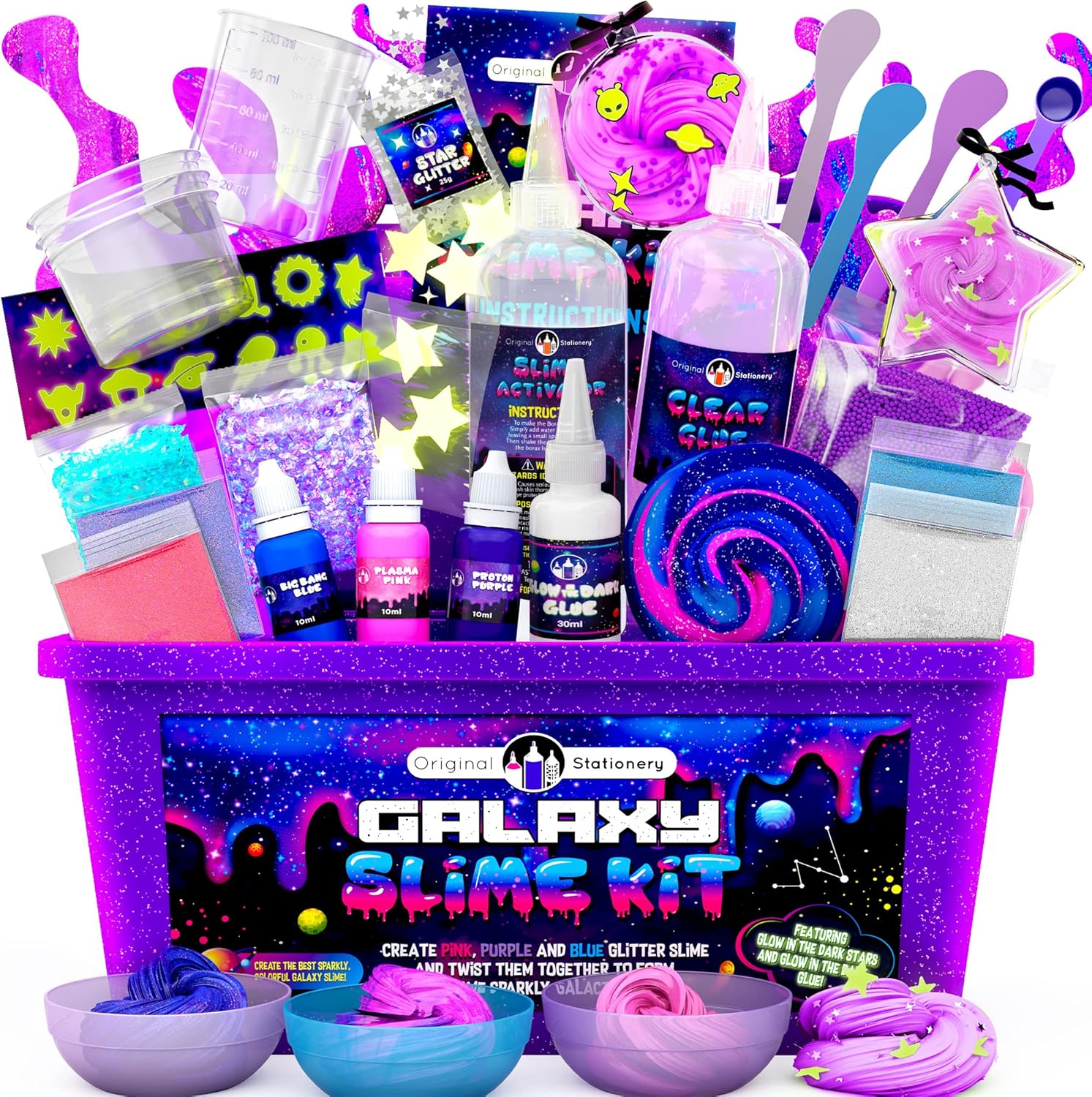 Original Stationery Galaxy Slime Kit | Glow-in-the-Dark DIY Set | Glitter Powders & Stars | Multicolor Craft Box for Girls Ages 8–12