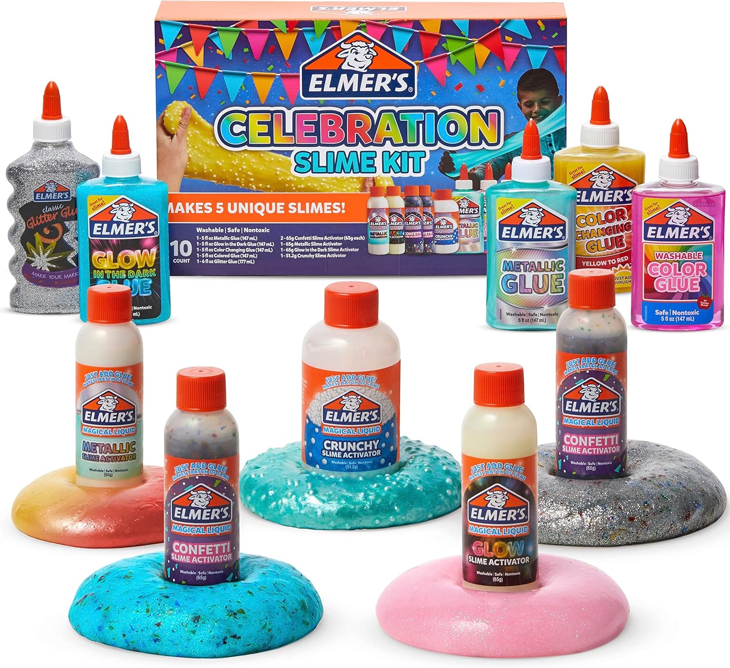 Elmer’s Celebration Slime Kit | 10-Piece Complete Set | Metallic, Glow, Glitter, Color-Changing & Crunchy Effects | Safe, Washable, Non-Toxic | Ages 6+