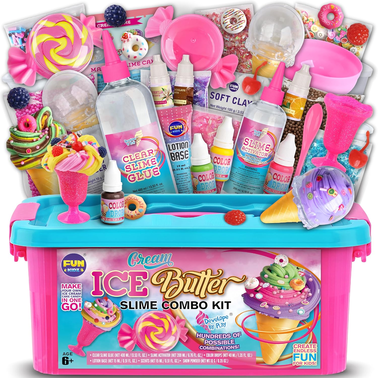 FunKidz Ice Cream Butter Slime Kit | DIY Soft Slime Set for Girls Ages 8–12 | Over 100 Style Combos | Vanilla, Orange & Chocolate Scents | Ideal Gift or Party Activity