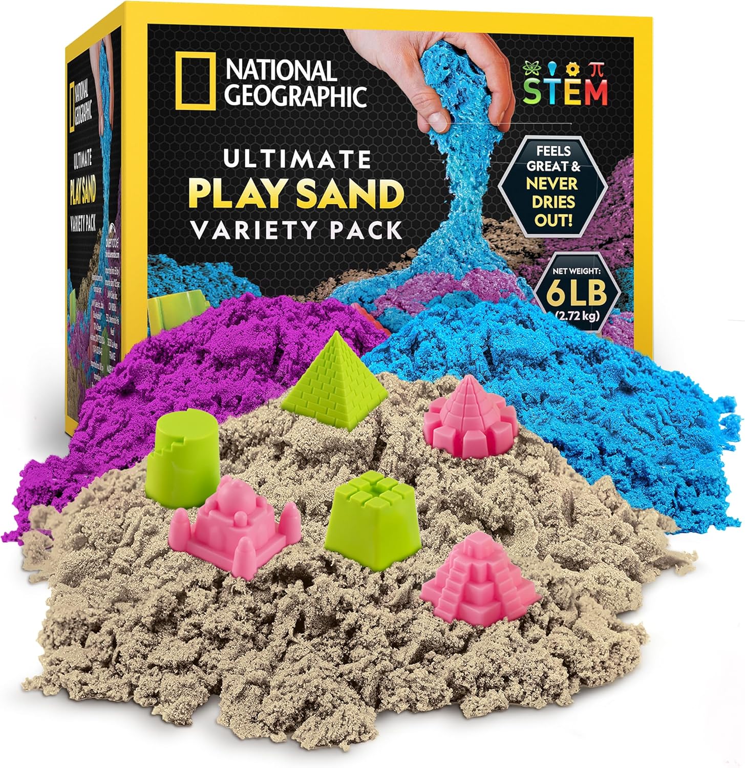 National Geographic 2,72 kg Moon Sand Combo Pack - 0,91 g Each of Blue, Purple and Natural Play Sand with Castle Molds