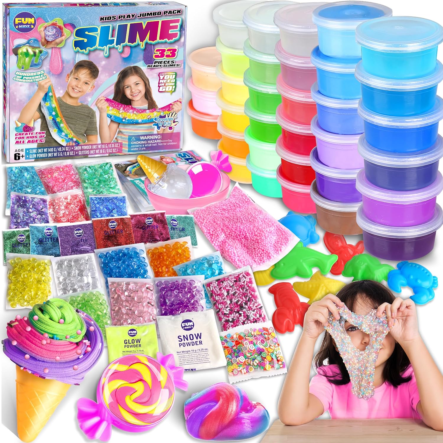 FunKidz Jumbo Slime Kit | 33 Cups Premade Slime Set | Soft, Cloud, Clear, Butter, Glitter & Glow-in-the-Dark | Non-Toxic DIY Kit for Kids Ages 4–12 | Party Favors & Gift Box