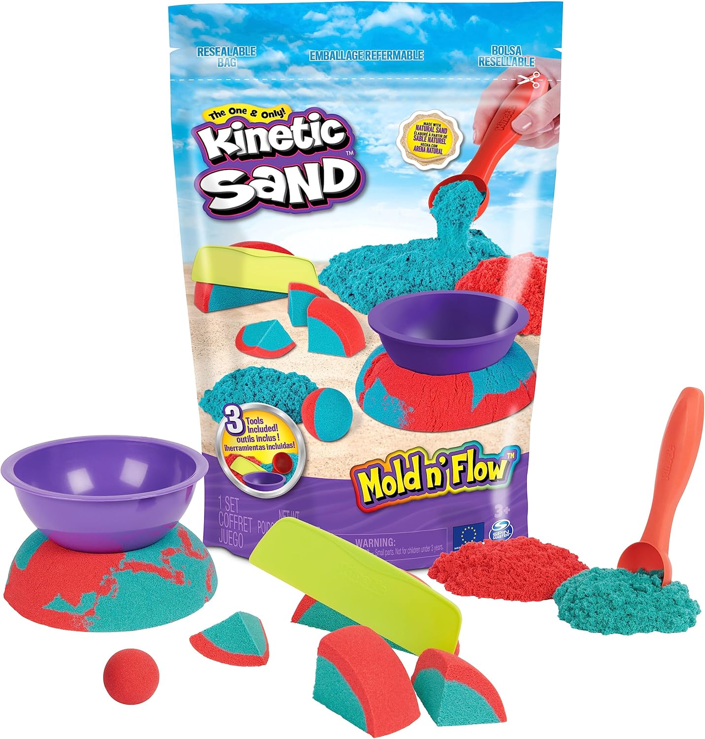 Kinetic Sand Mold n’ Flow with 700g  Red & Teal Play Sand