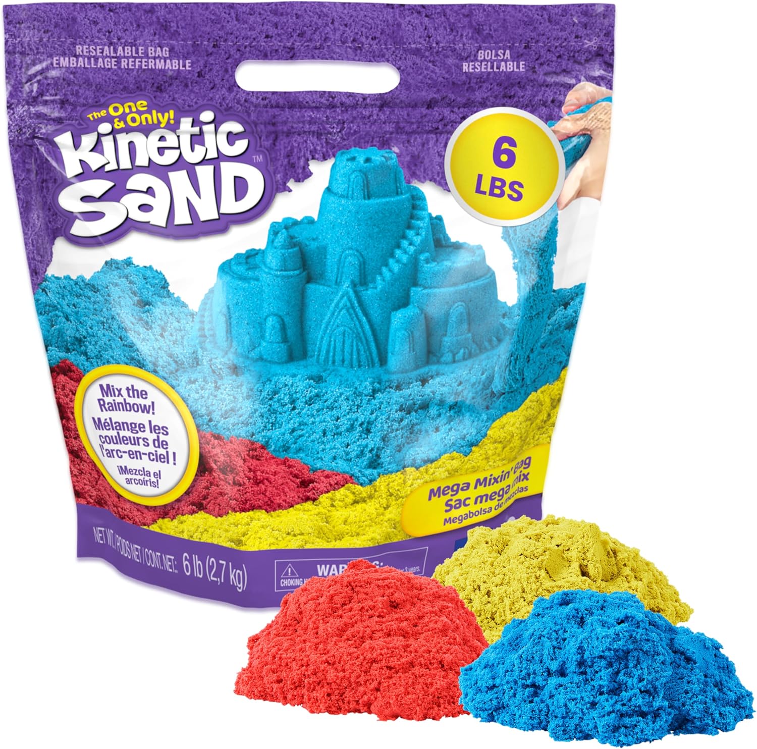 Kinetic Sand, 2,72 kg Mega Mixin’ Bag with Red, Yellow & Blue Play Sand Resealable Bag