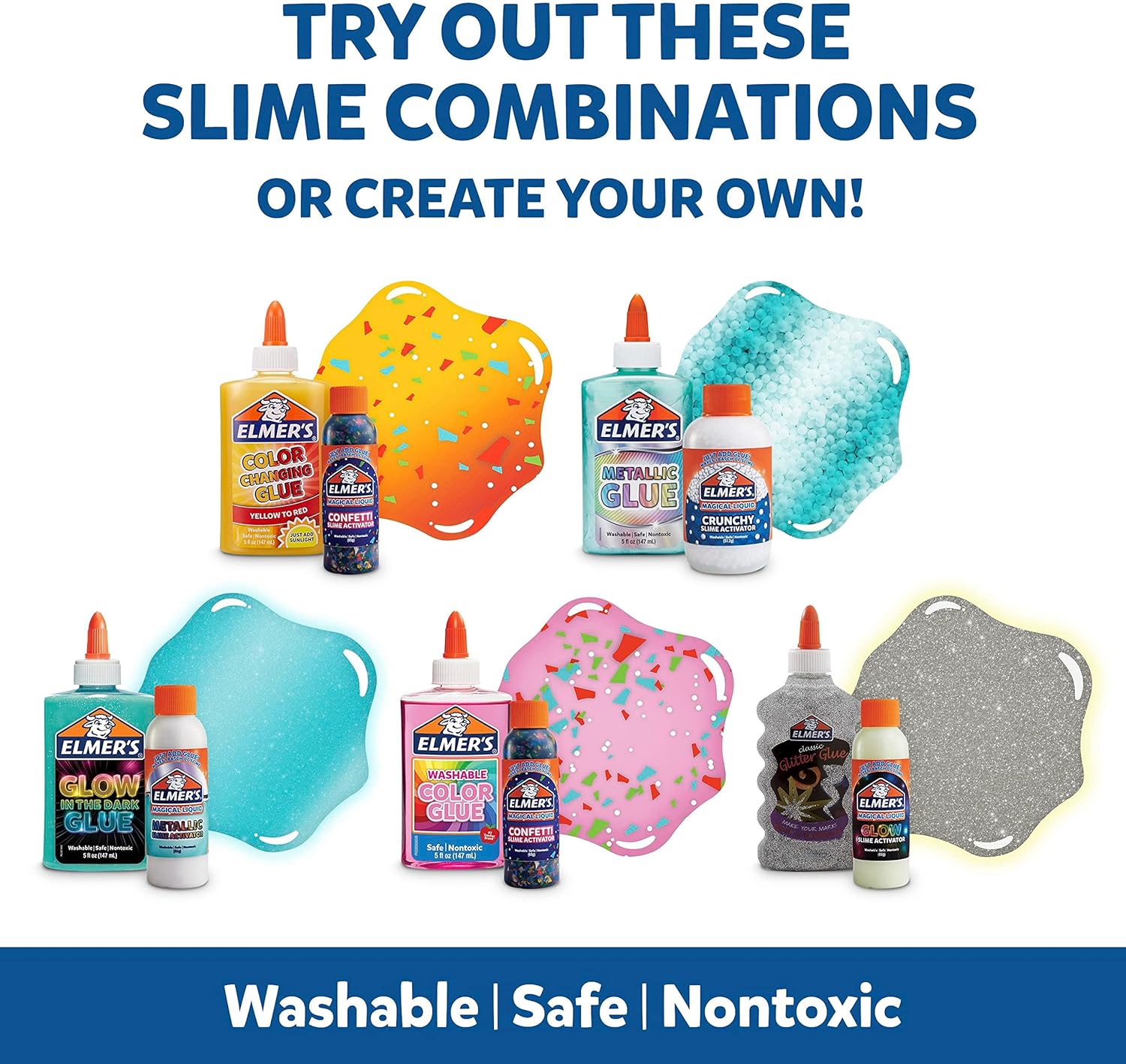 Elmer’s Celebration Slime Kit | 10-Piece Complete Set | Metallic, Glow, Glitter, Color-Changing & Crunchy Effects | Safe, Washable, Non-Toxic | Ages 6+