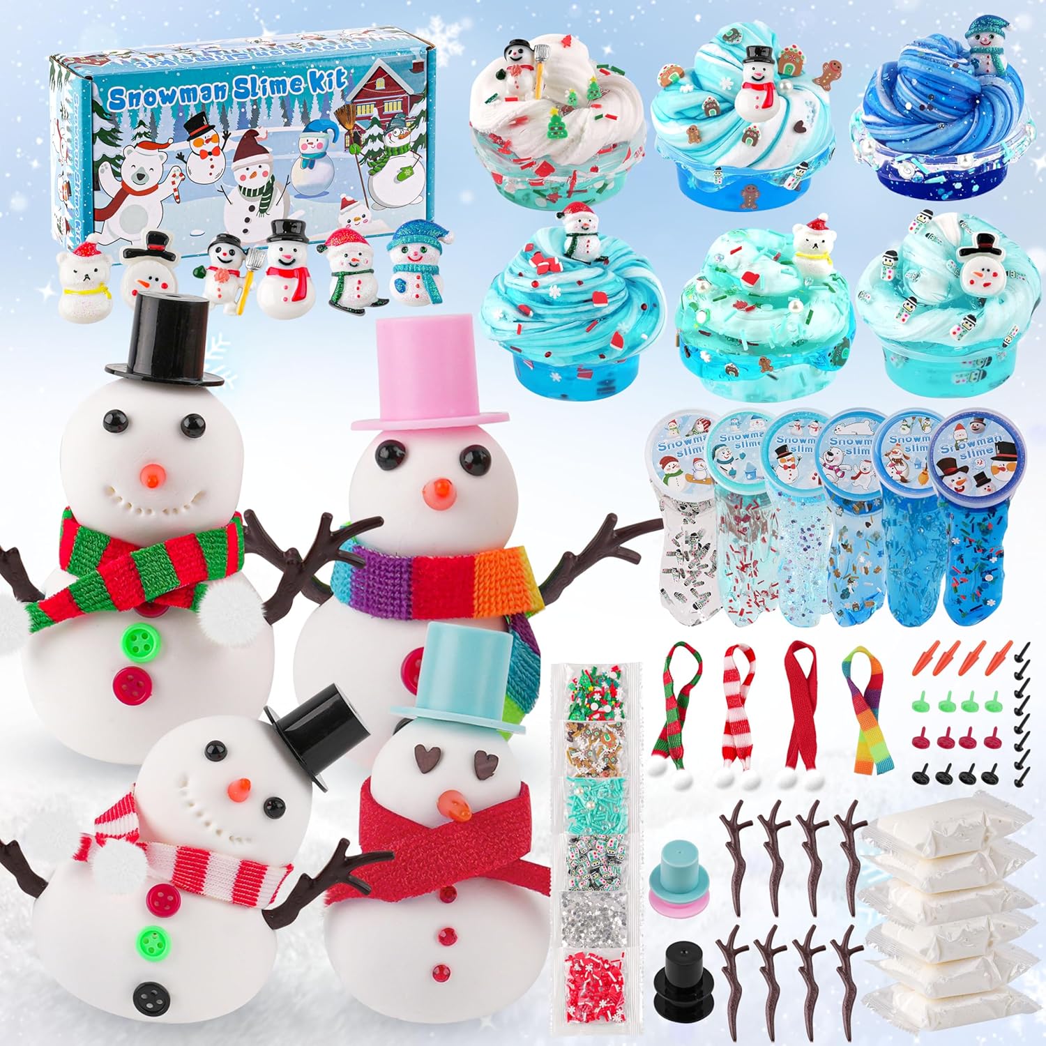 6-Pack Snowman Slime & Clay Christmas Craft Kit | DIY Build-a-Snowman Set | 6 Clear Crystal Slimes & 40 Accessories | Ages 4+