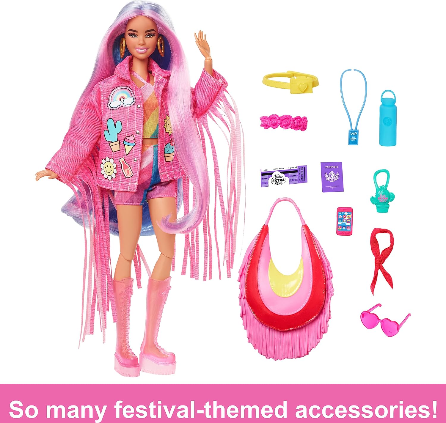Barbie Extra Fly Doll – Desert Edition with Long Pink and Purple Hair and a Pink Denim Fringe Jacket