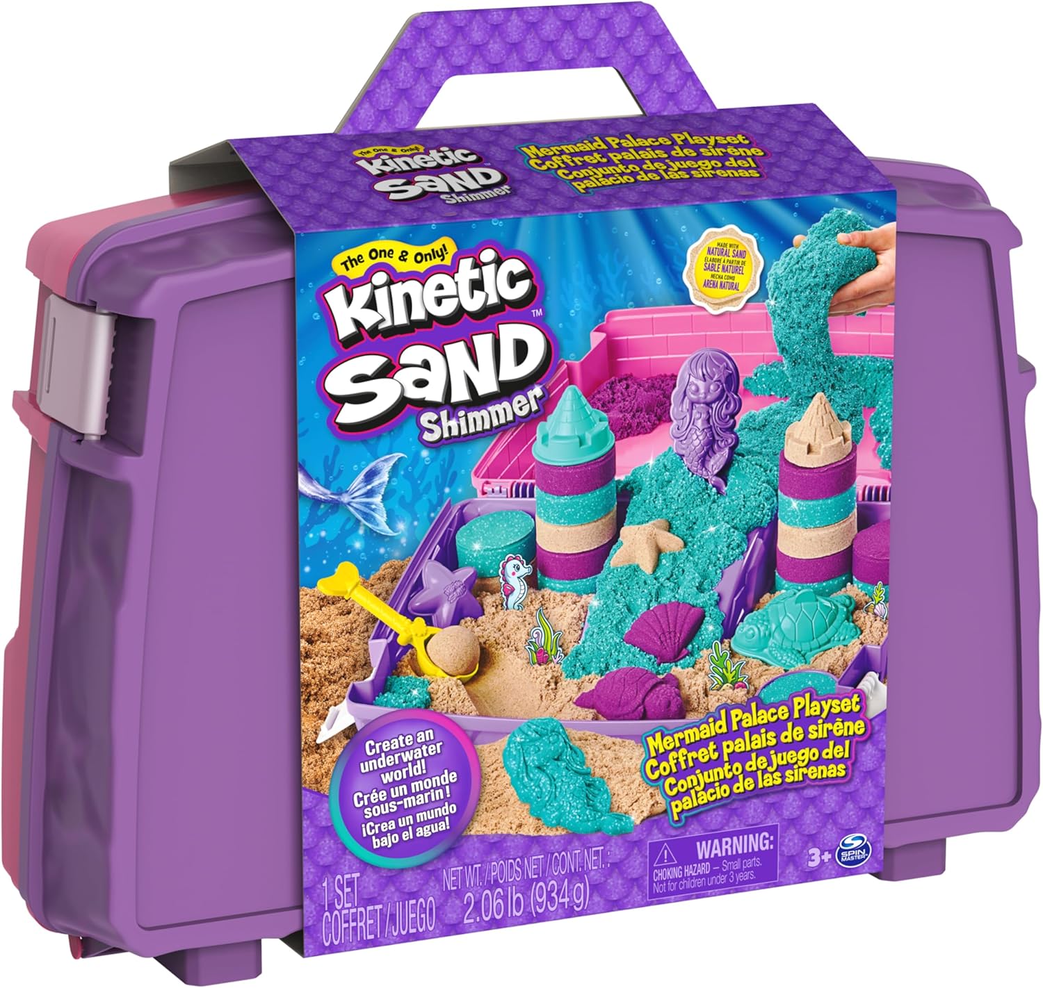 Kinetic Sand, Mermaid Palace Playset with 934g Play Sand (Neon Purple, Shimmer Teal & Beach), Tools & Folding Sandbox