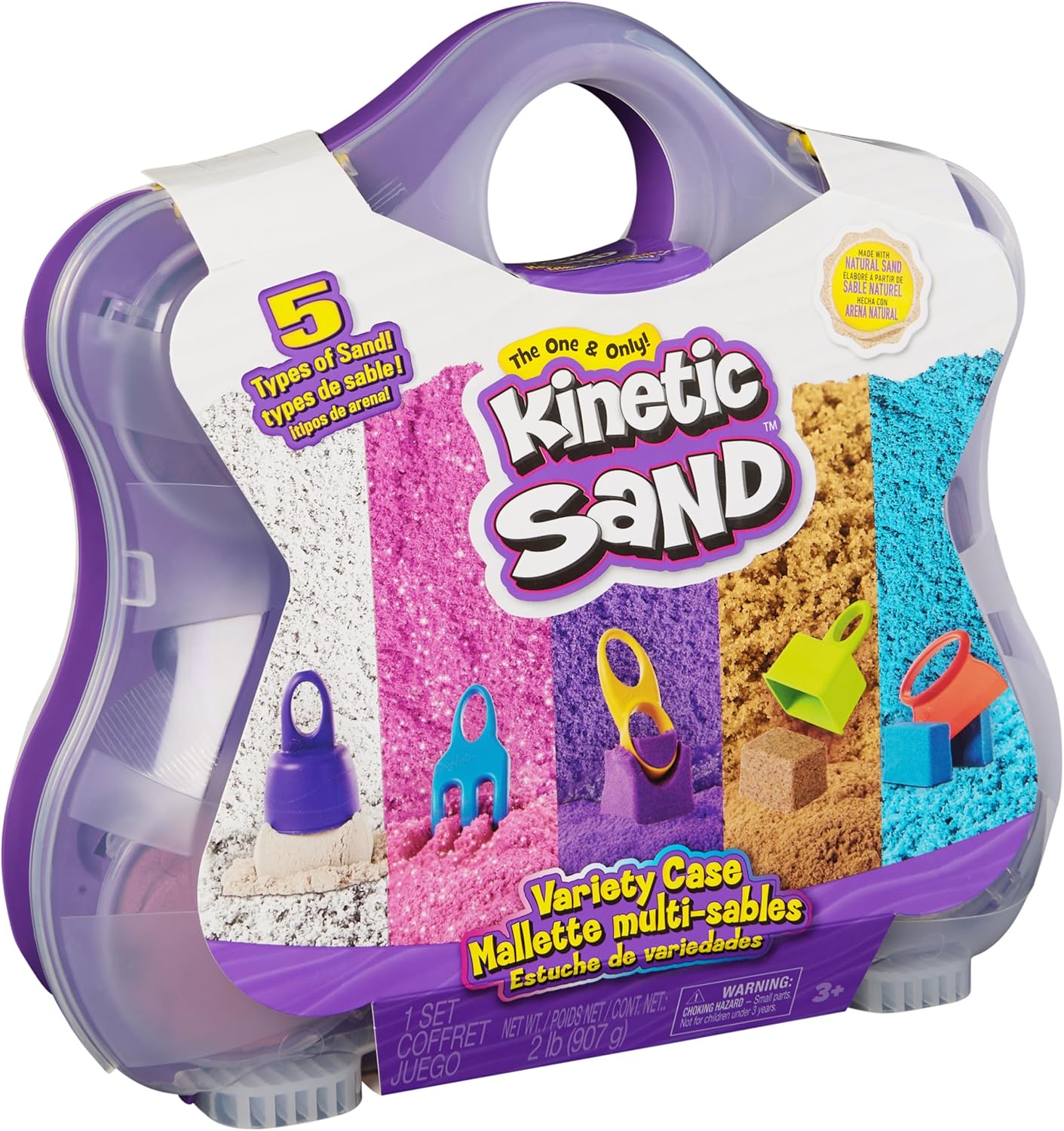 Kinetic Sand, Variety Case with 907g Play Sand (Beach, Neon & Shimmer) & 5 Tools, Reusable Storage